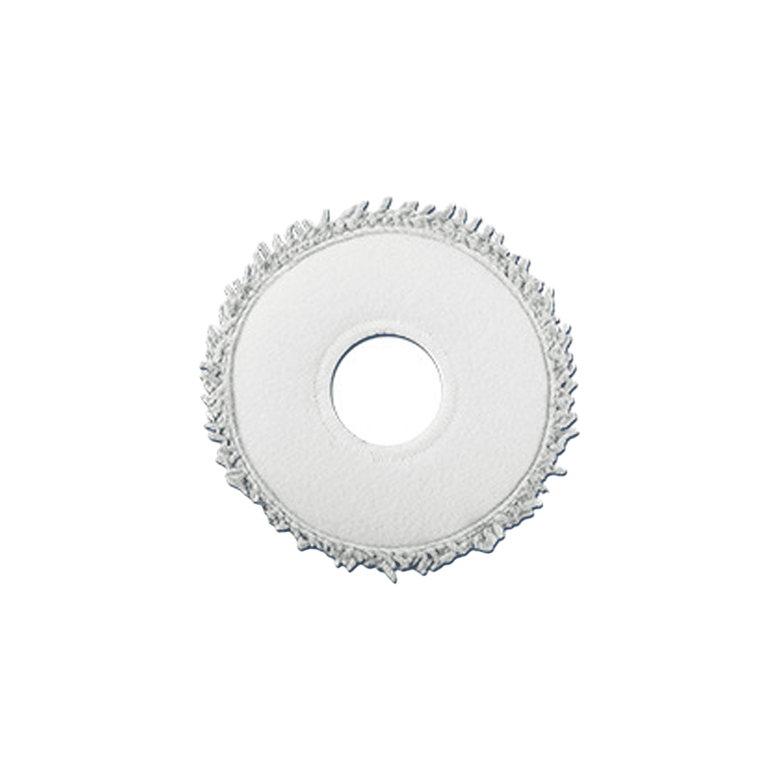Accessorio per mocio bianco rotondo con bordo frangiato e apertura circolare centrale su sfondo bianco.