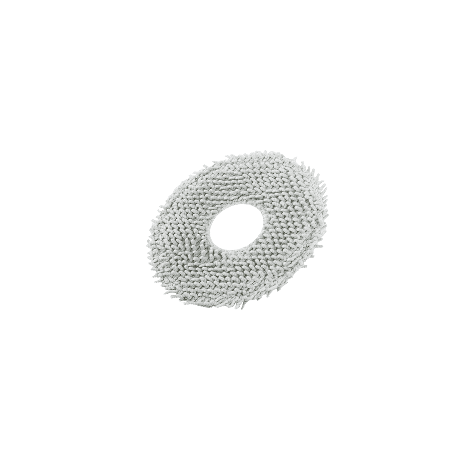 Un panno per mocio circolare in microfibra grigia con foro centrale su sfondo bianco.