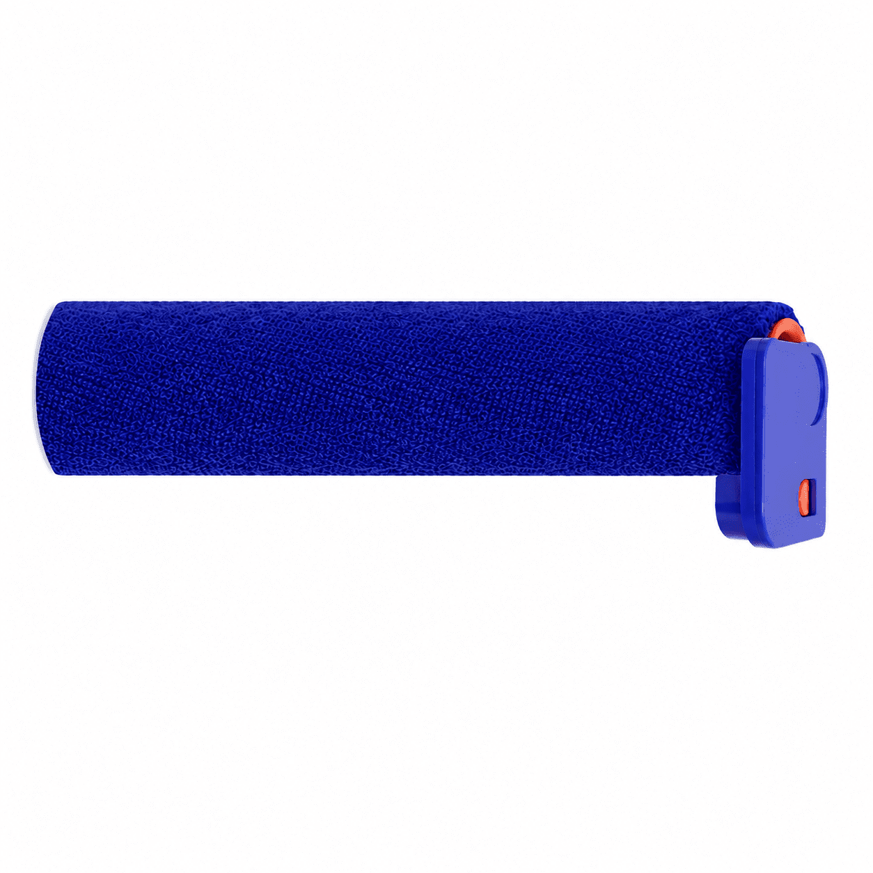 Un rouleau à peinture bleu avec housse texturée et support bleu sur fond blanc.