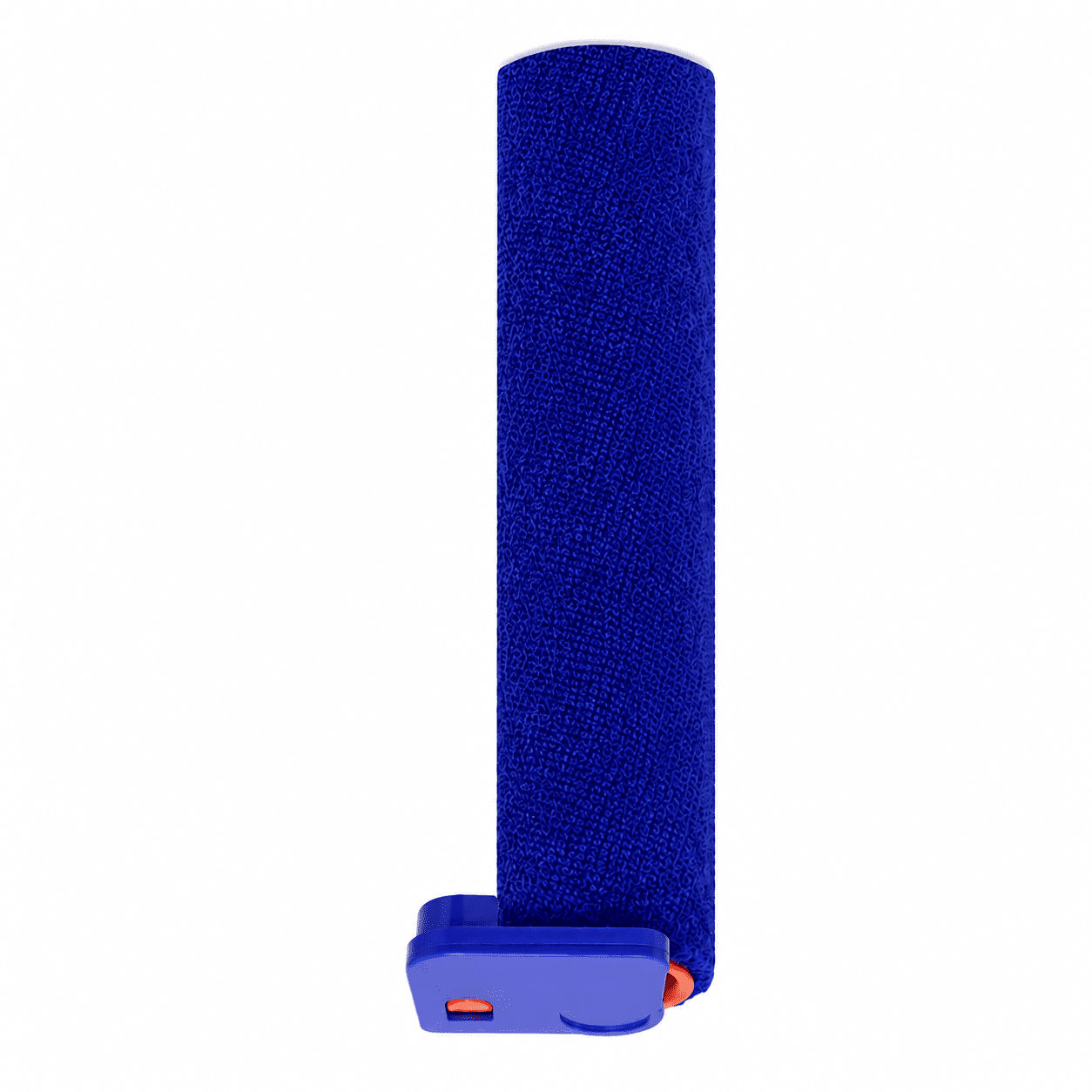 Un fléchette en mousse cylindrique bleue fixée à une base en plastique bleu, isolée sur fond blanc.