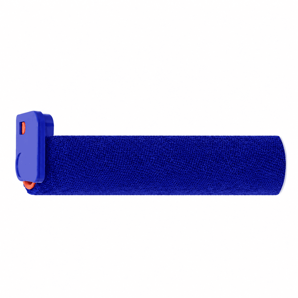 Un rouleau à peinture bleu avec un support bleu sur fond blanc.