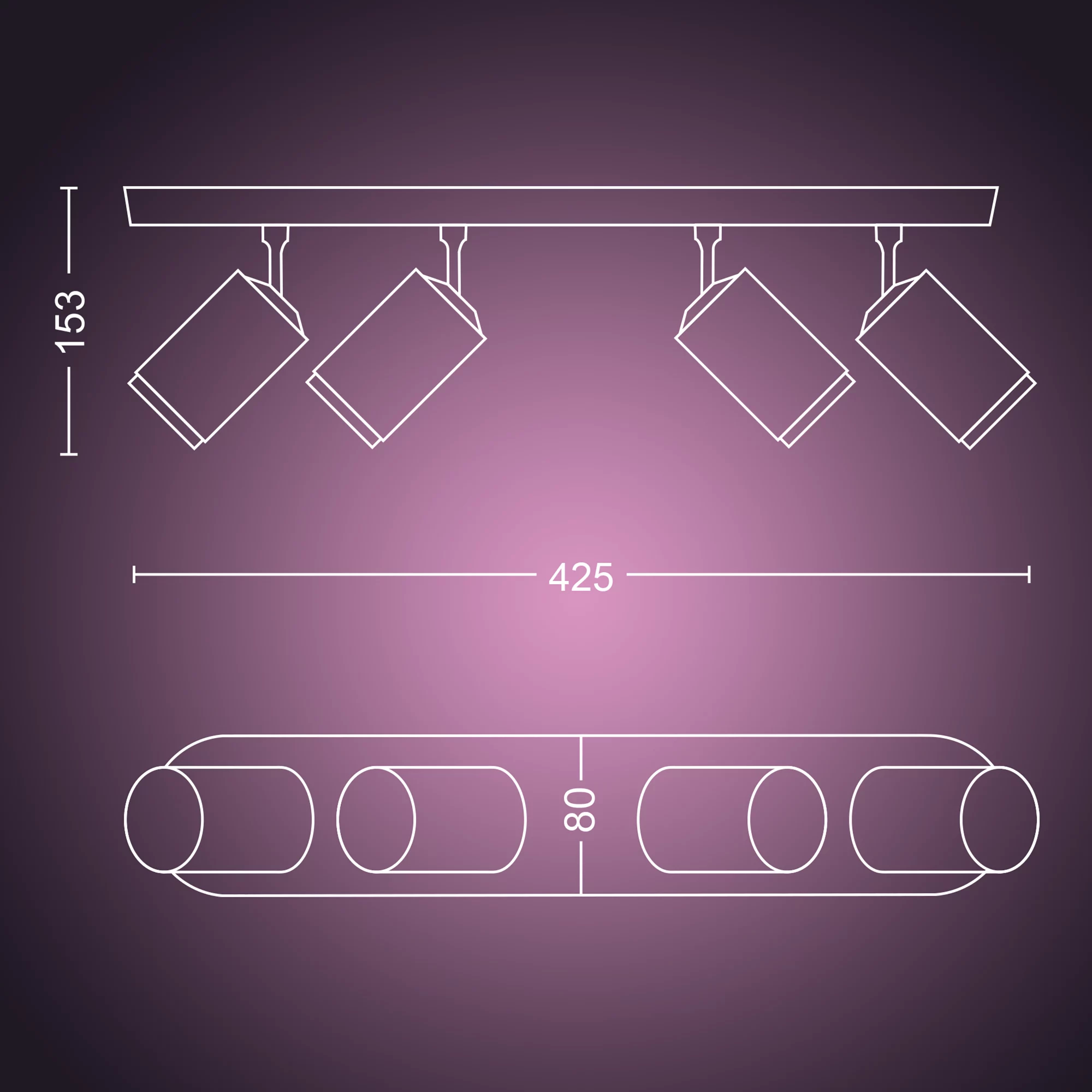 Disegno tecnico di una plafoniera con quattro faretti e misure su sfondo viola.