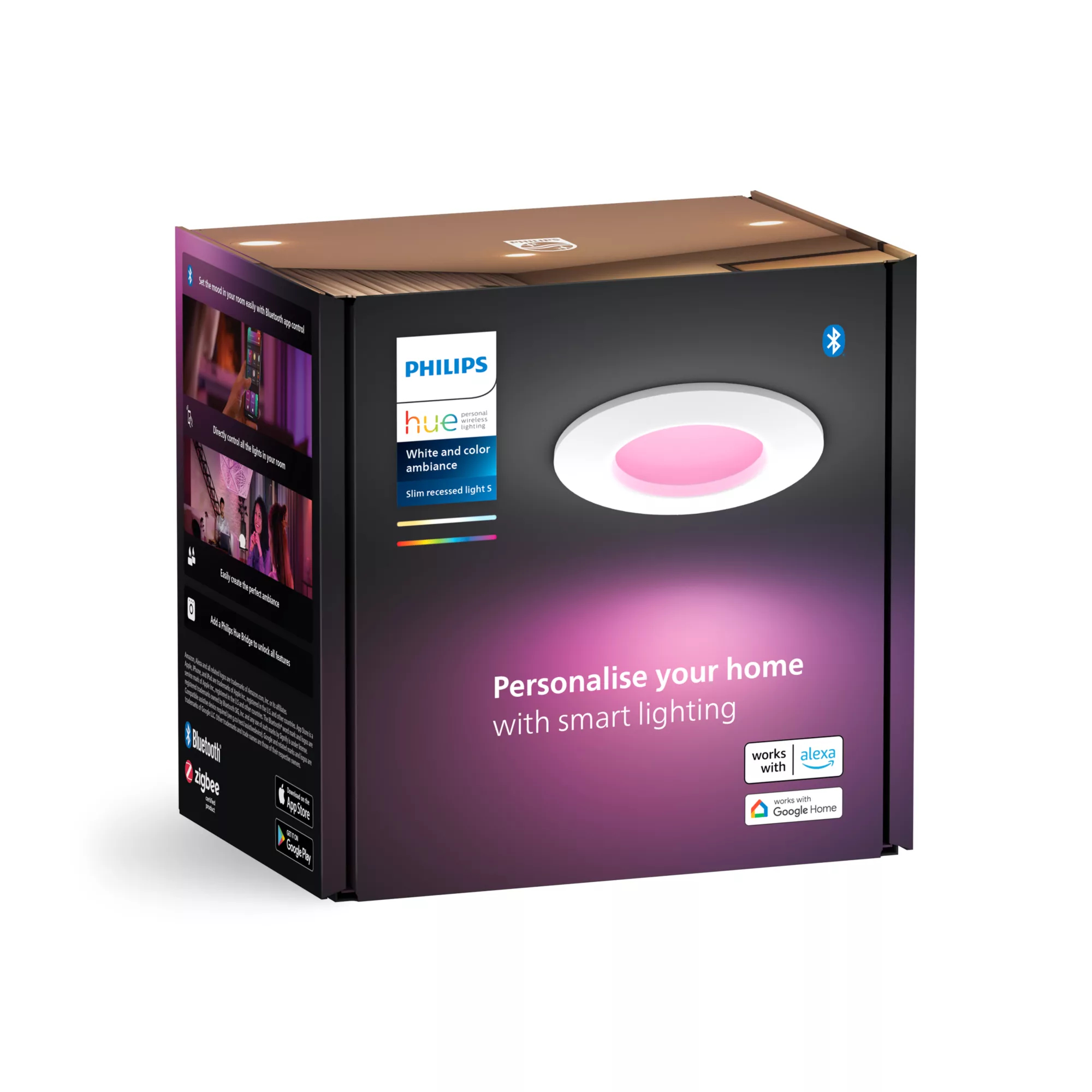 Philips Hue Smart-Light-Box mit einer runden, weiß-pinken Einbauleuchte vor dunklem Hintergrund.