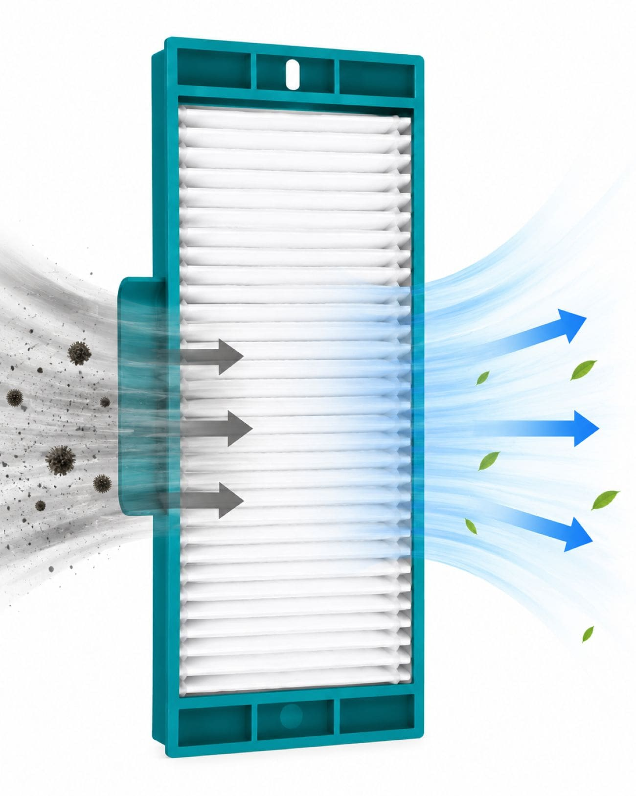 Ein blauer Luftfilter reinigt verschmutzte Luft mit Partikeln auf der einen und frische Luft mit Blättern auf der anderen S