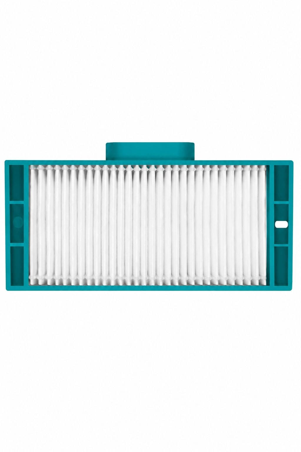 Ein blauer Filter mit weißen Lamellen auf weißem Hintergrund.