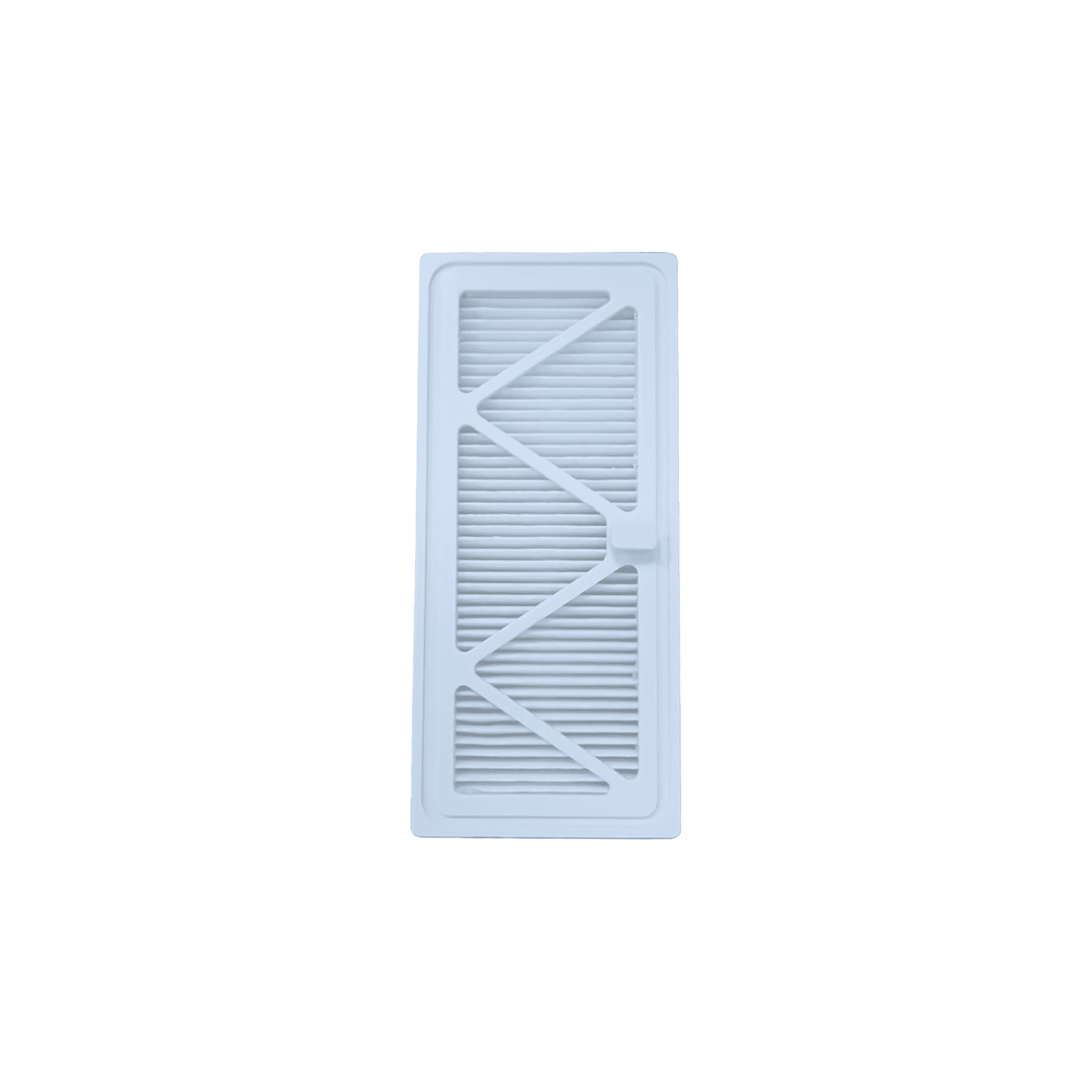 Ein weißer, rechteckiger Luftfilter mit horizontalen Lamellen und diagonalen Stützstreben auf weißem Hintergrund.