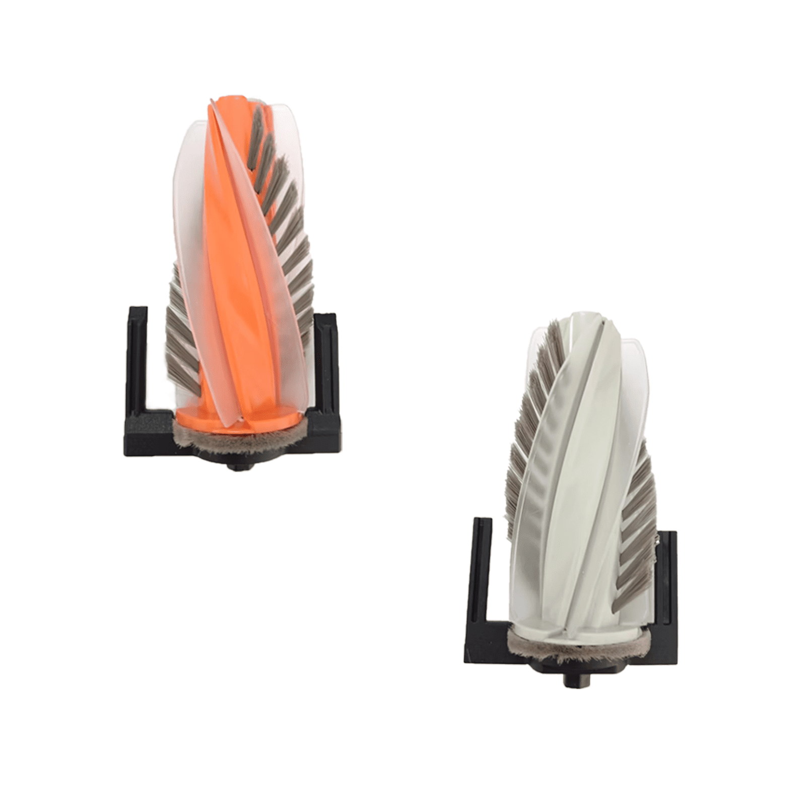 Zwei spiralförmige Bürstenaufsätze, einer orange und einer weiß, jeweils auf einem schwarzen Standfuß.