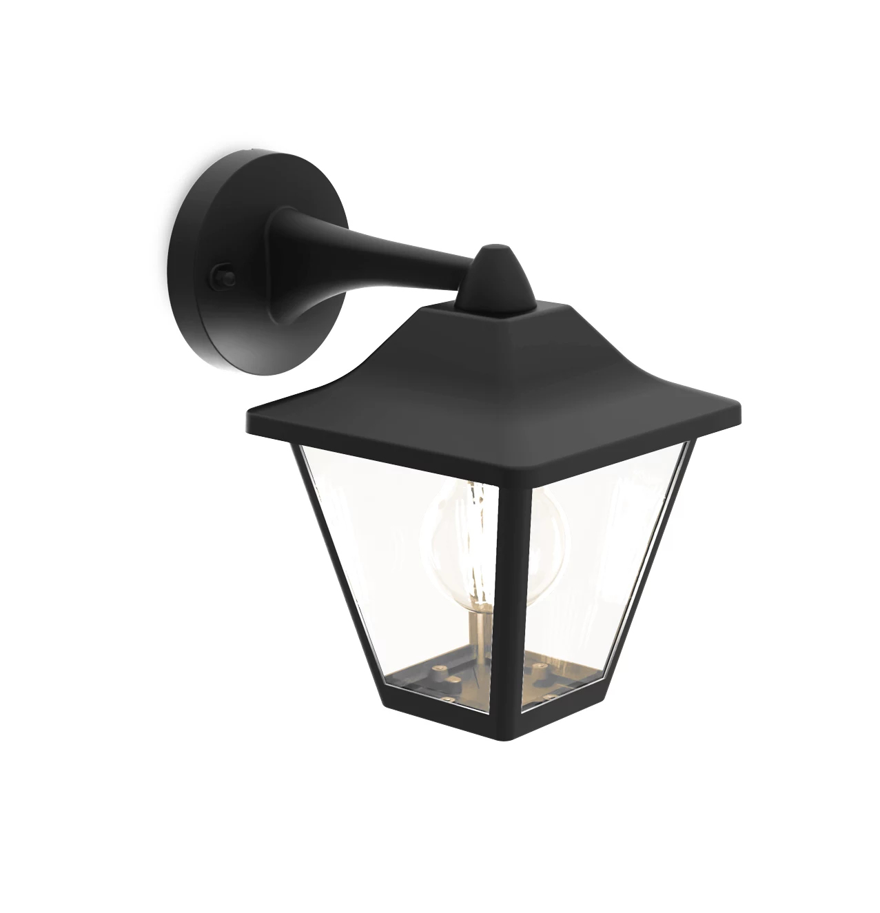 Schwarze Außenwandleuchte im Laternen-Design mit klaren Glasfenstern und sichtbarer Glühbirne.