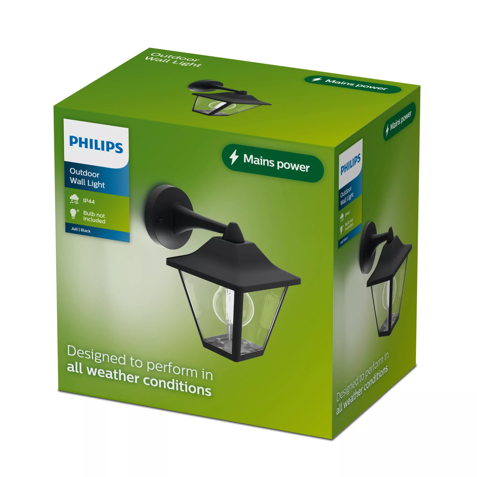 Grüne Philips Produktbox mit einer schwarzen Außenwandleuchte mit Glasscheiben und Netzstrom-Etikett.