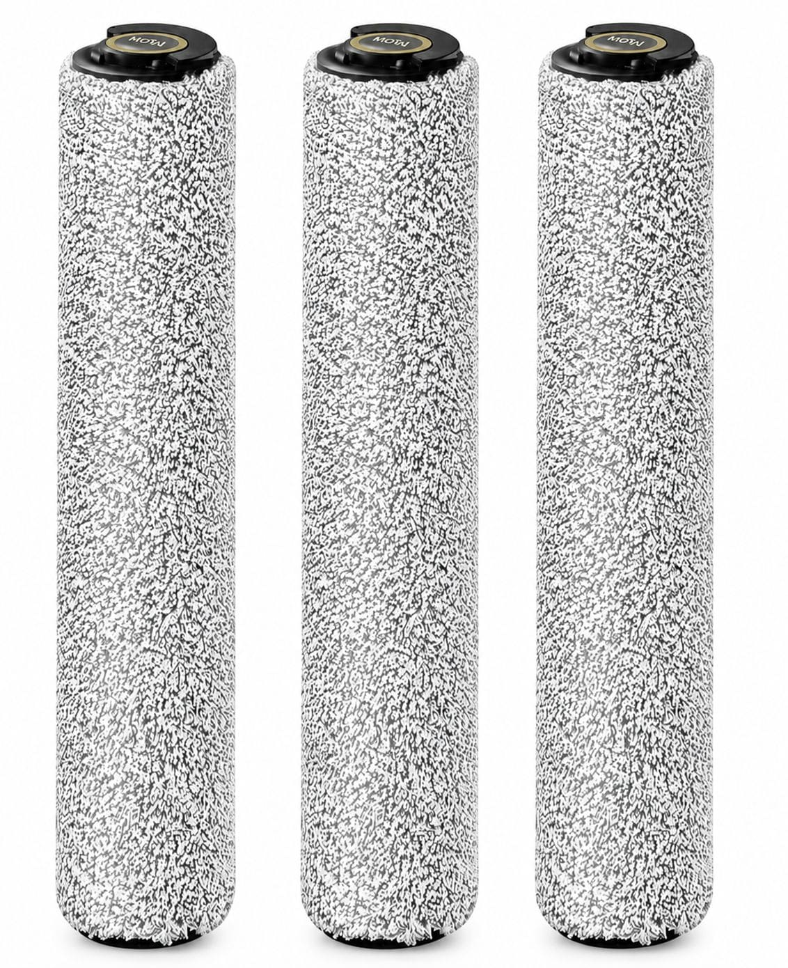 Trois rouleaux de peinture cylindriques avec un motif noir et blanc et des embouts noirs sont alignés sur fond blanc.