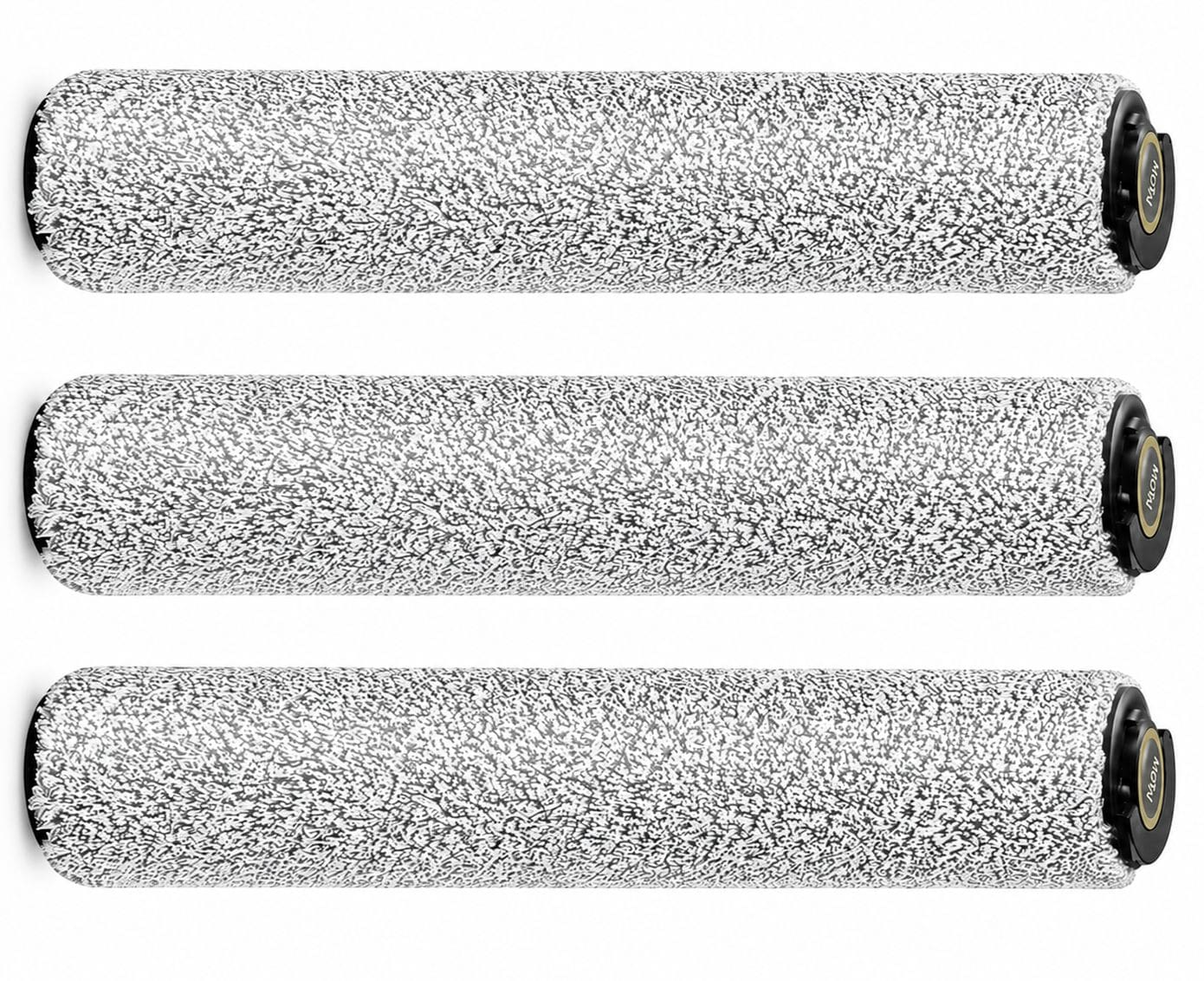 Trois rouleaux de serpillère cylindriques à motifs blancs et noirs reposent horizontalement sur un fond blanc.
