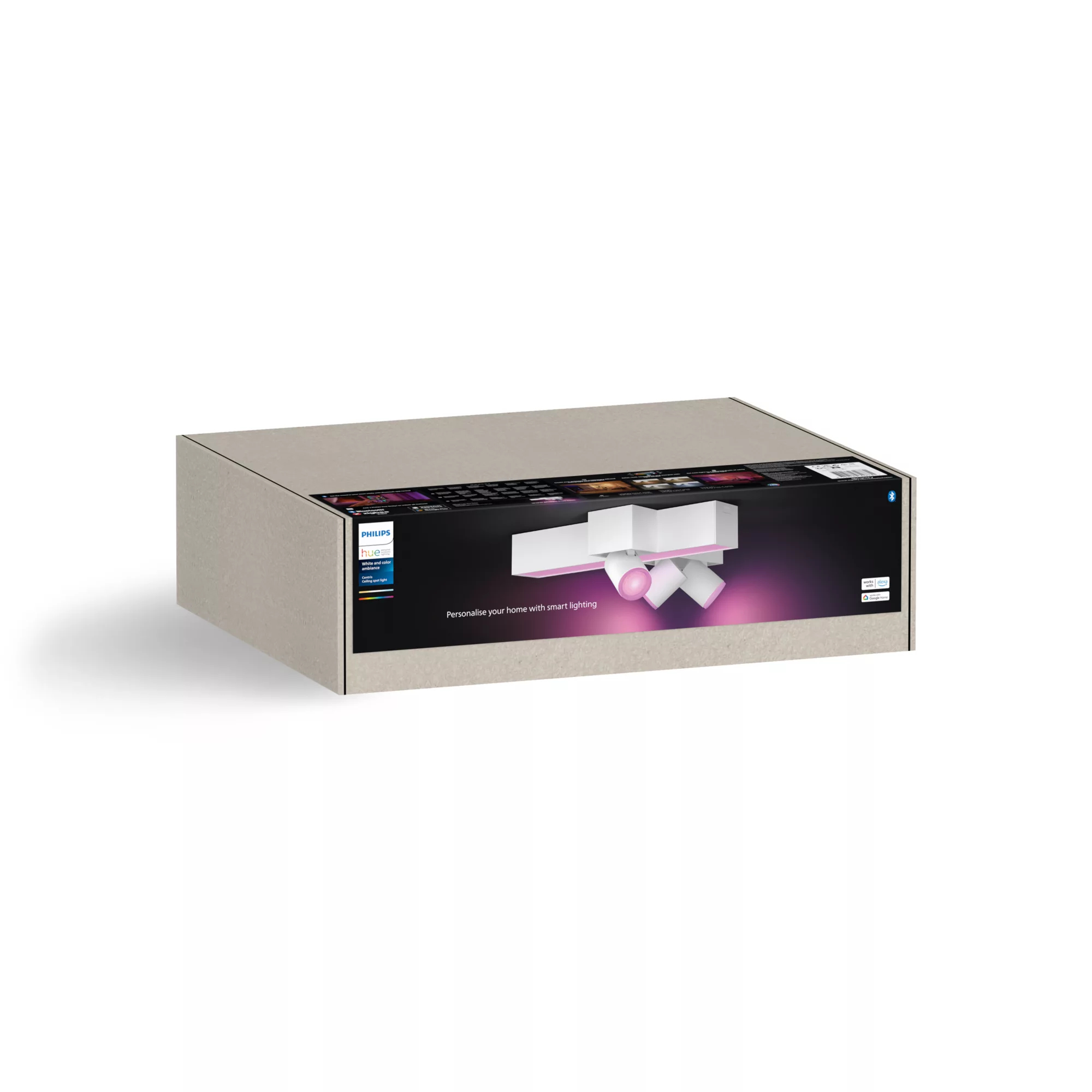 Una scatola di prodotti grigia per la plafoniera Philips Hue White e Color Ambiance Centris.