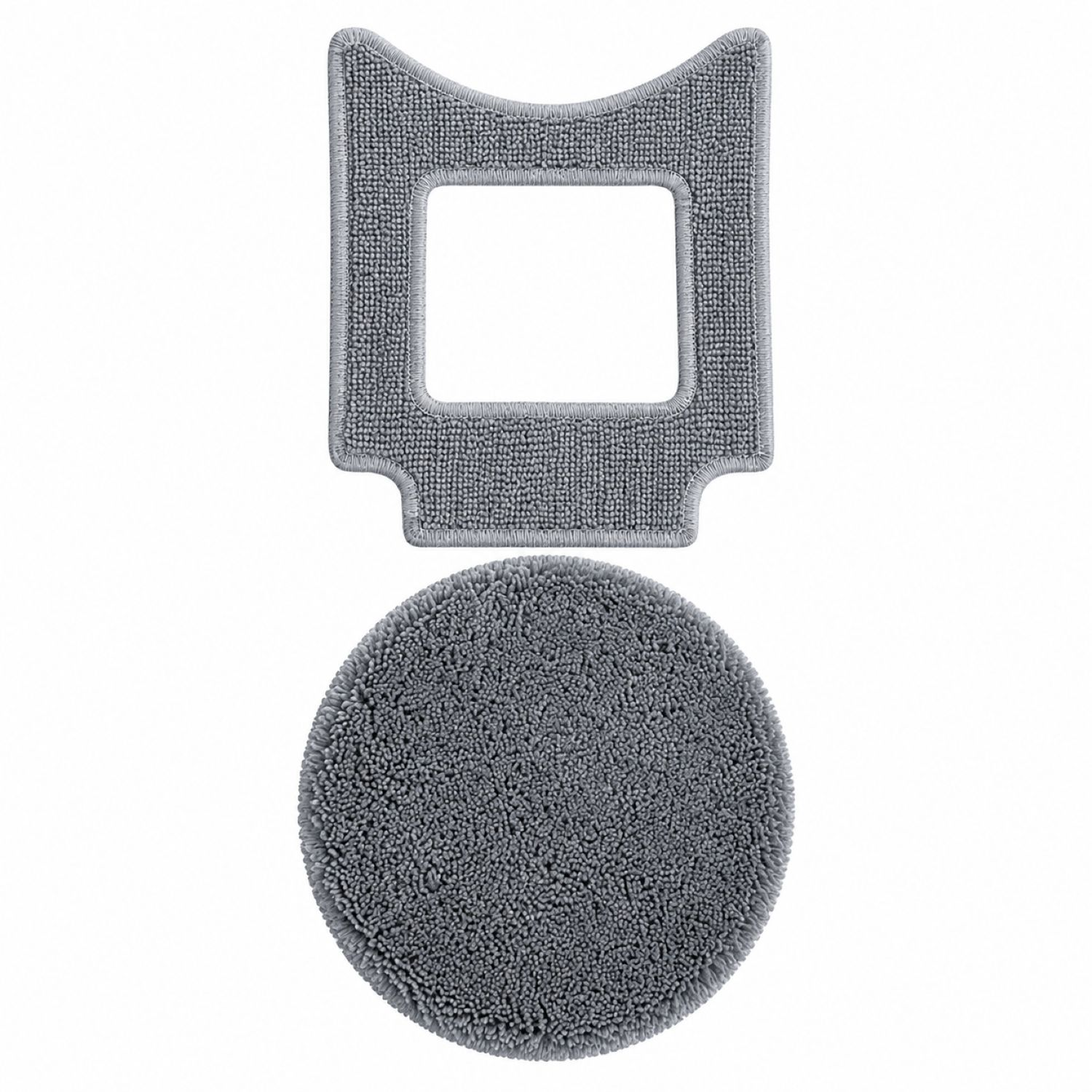 Due panni per mocio in microfibra grigia, uno con ritaglio quadrato e uno rotondo, su sfondo bianco.