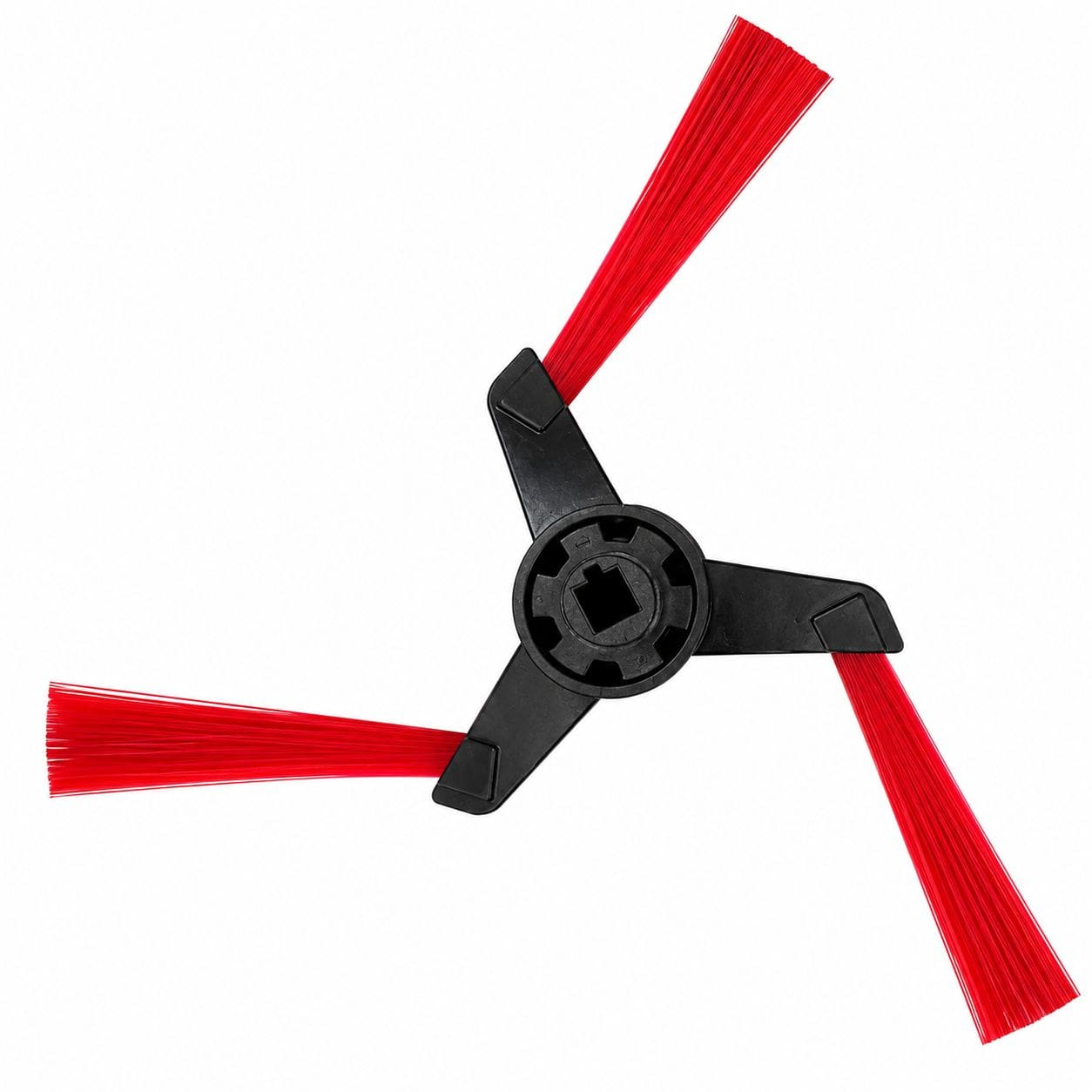Eine dreiflügelige schwarze Roboterstaubsaugerbürste mit roten Borsten auf weißem Hintergrund.