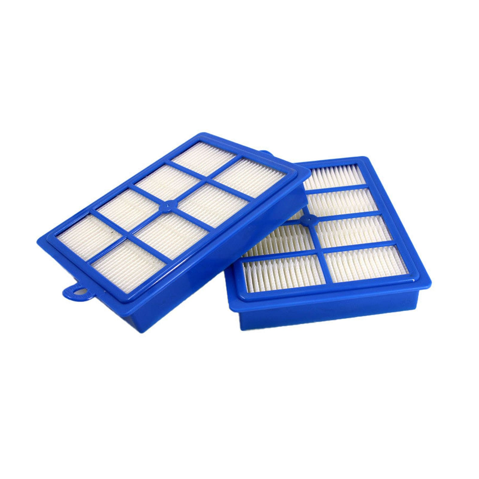 Due filtri di ricambio blu con elementi filtranti plischettati bianchi su sfondo bianco.