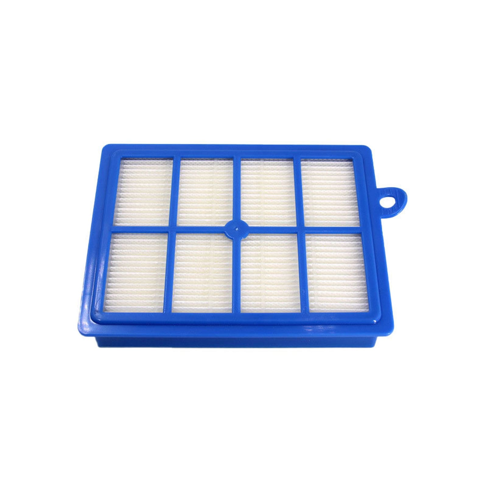 Un filtro per aspirapolvere in plastica blu rettangolare con elemento filtrante plissettato bianco e una piccola linguetta.
