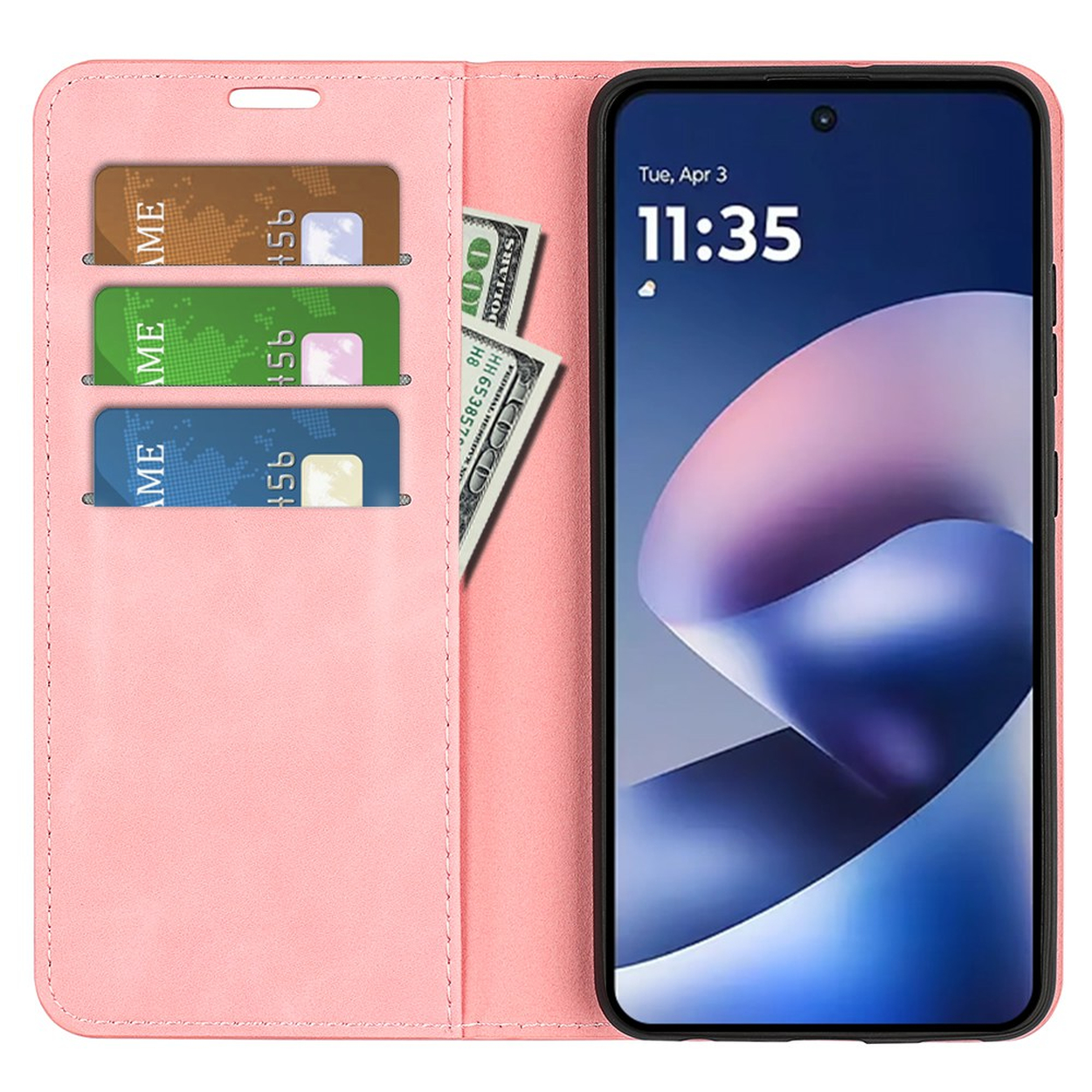 Roze telefoonhoesje met drie kaartvakken, bankbiljetten en smartphone met digitaal scherm.