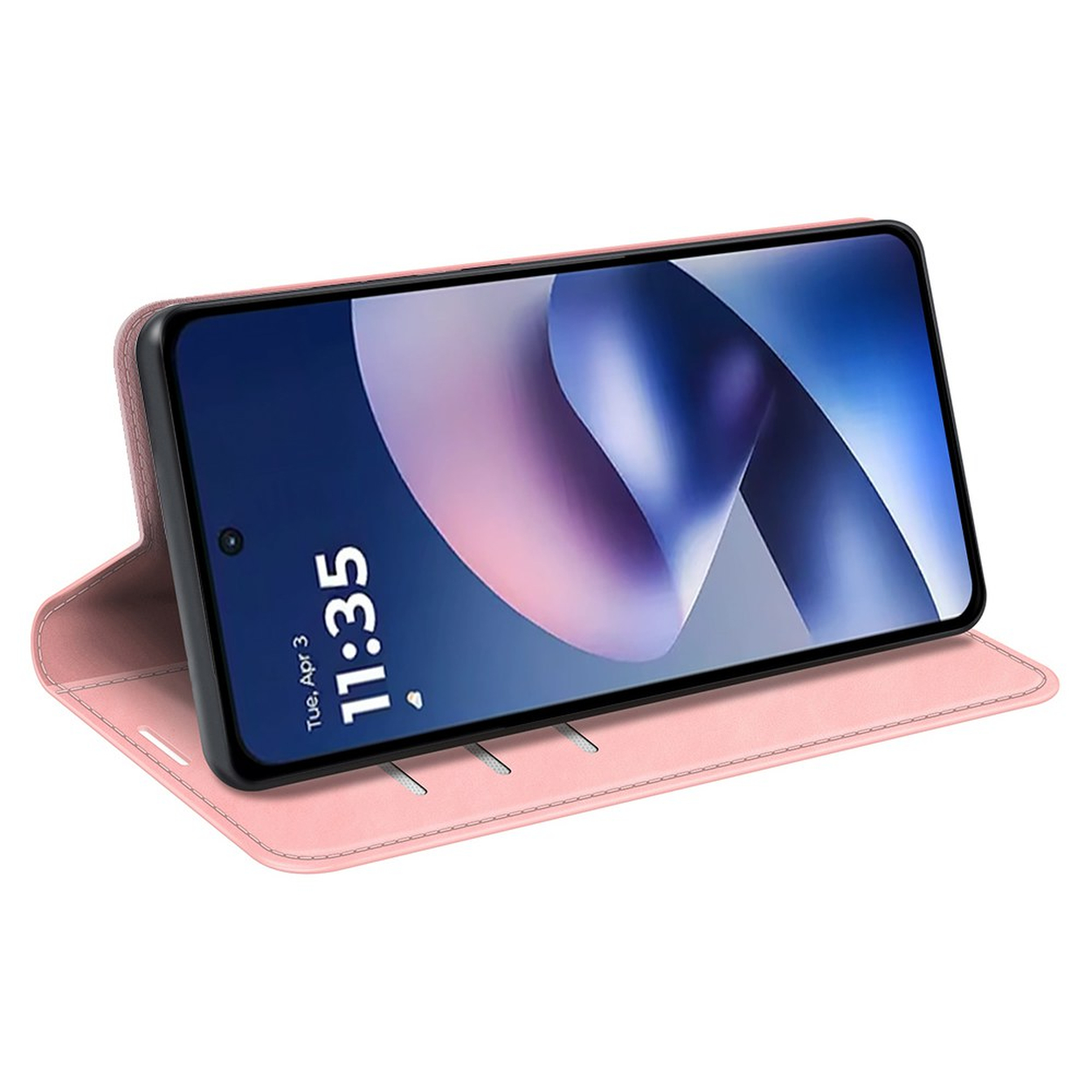 Een smartphone in een roze flipcase met staande functie tegen een witte achtergrond.