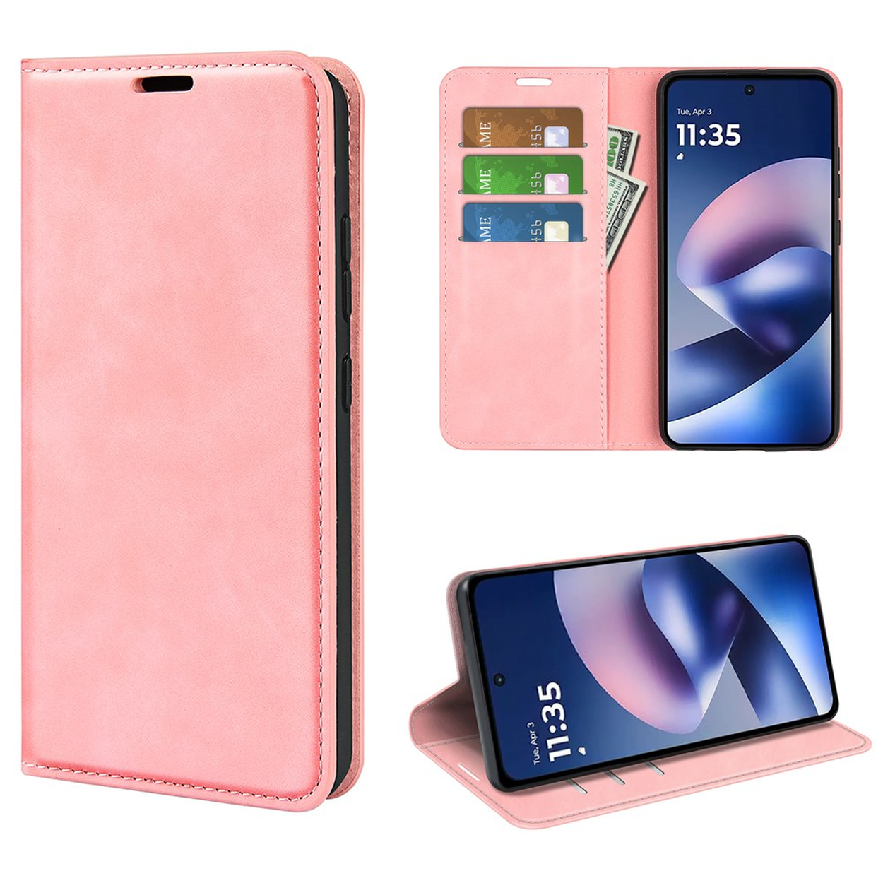 Roze lederen telefoonhoesje met kaarten- en vakken voor geld, gesloten en als stand.