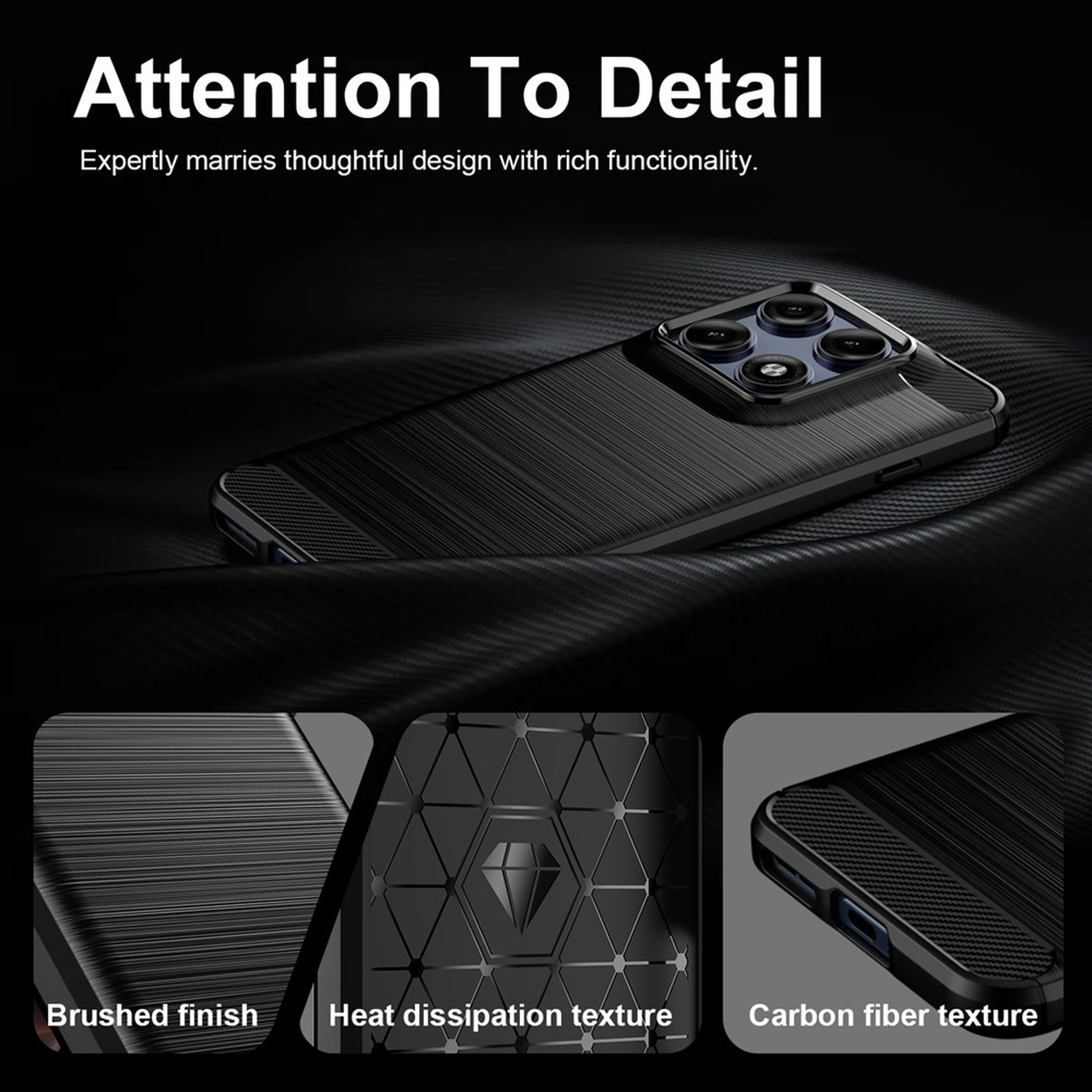 Zwarte smartphonehoes met geborstelde afwerking, warmteafvoertextuur en koolstofvezeldetails.