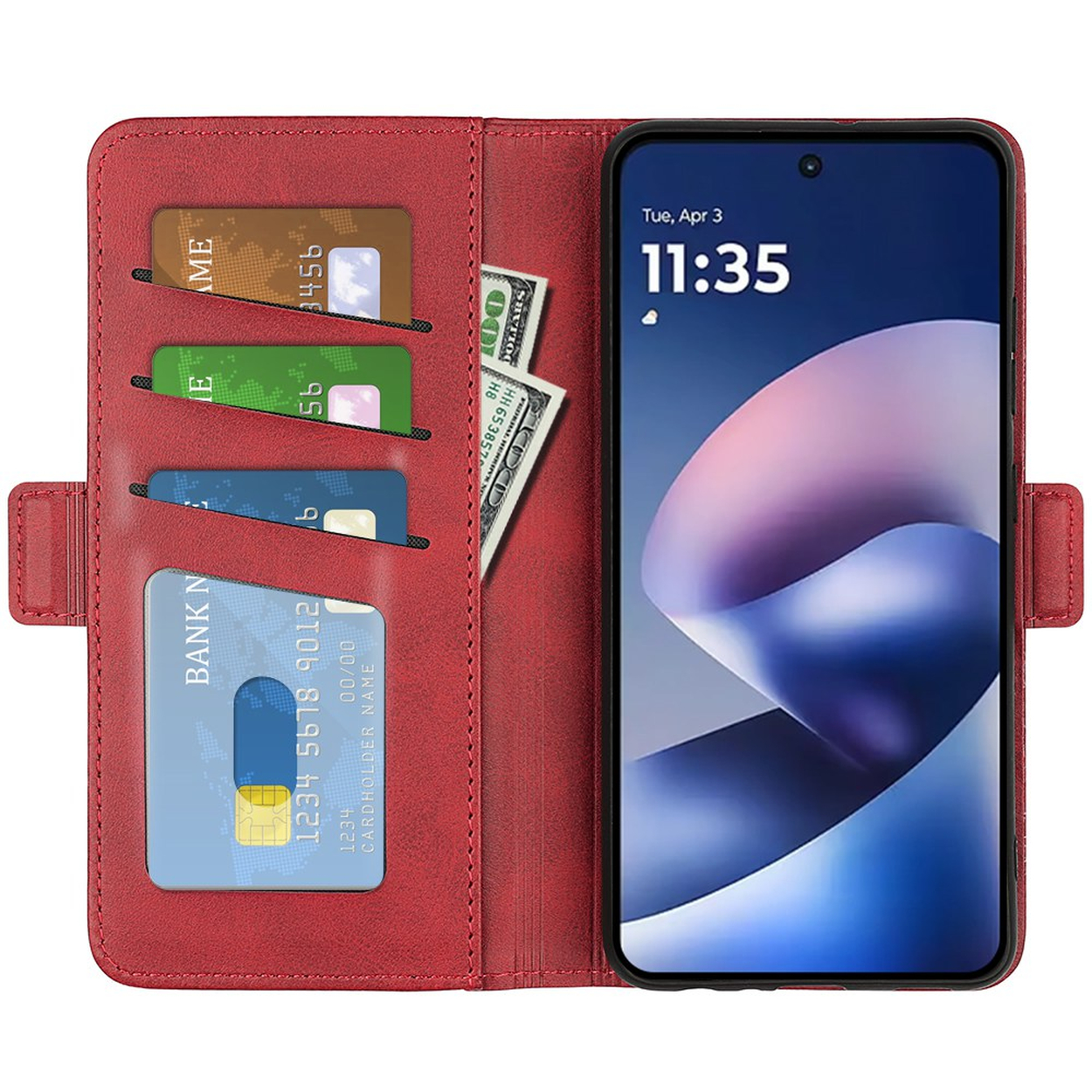Een rode leren portemonneehoes met kaartsleuven, bankbiljetten en een smartphone met blauw scherm.