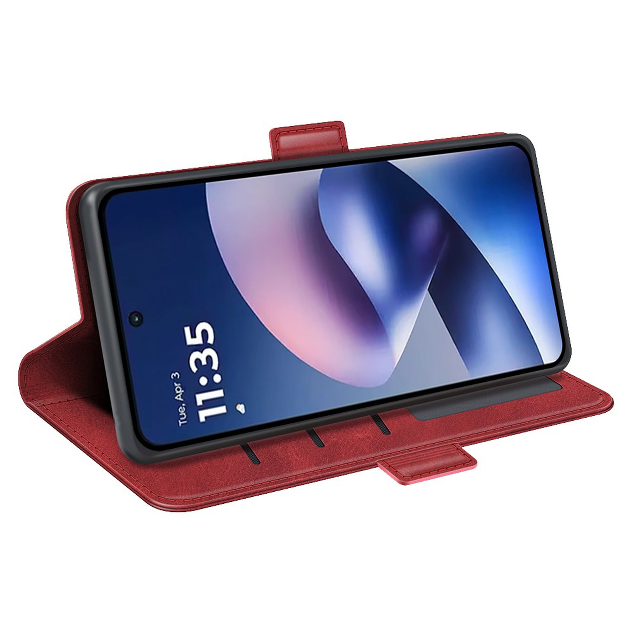 Een smartphone in een rode laptoptas, met de tijd 11:35 op het scherm.