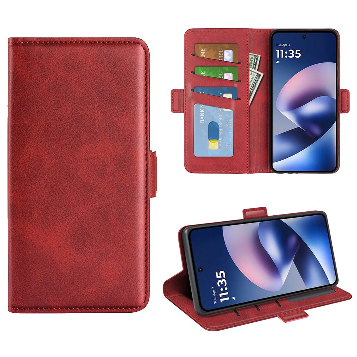 Rode leren telefoonhoes met pasjeshouder en smartphone binnenin.