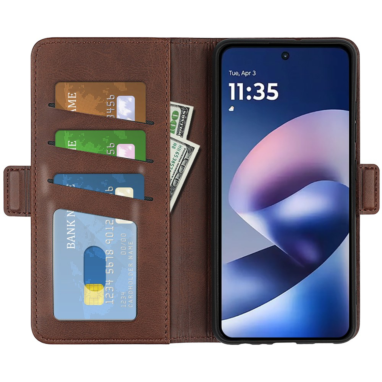 Bruine lederen telefoonportemonnee met kaartsleuven, papiergeld en een smartphone rechts.