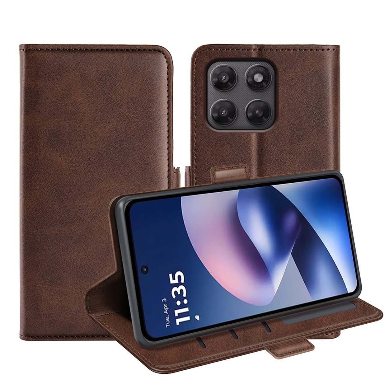 Bruine leren telefoonhoes, open met smartphone en gesloten weergave.