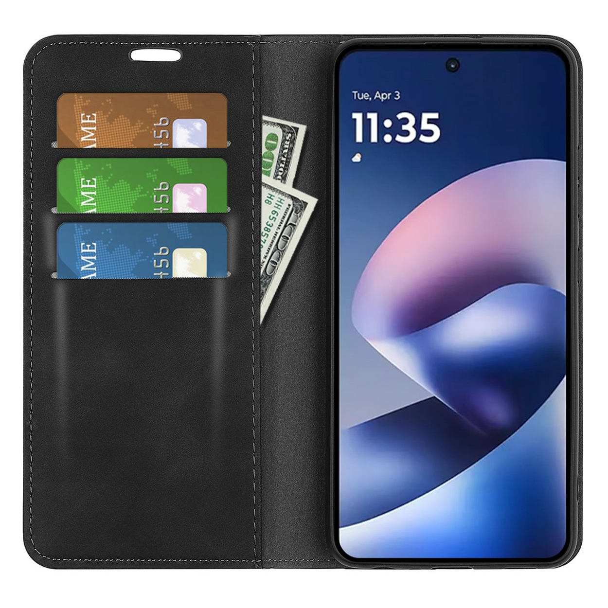 Zwarte lederen portemonnee telefoonhoesje met kaartvakken en bankbiljetten naast de smartphone.