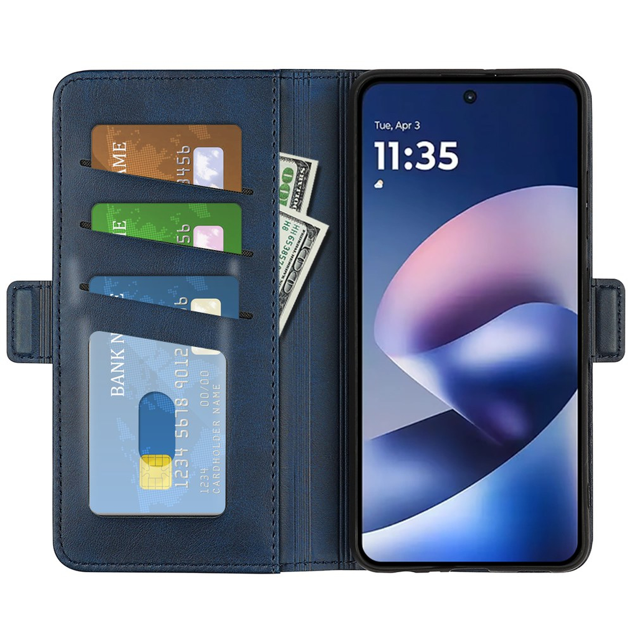 Blauwe portemonnee hoesje met pasjes en contant geld, en een smartphone met blauw scherm.