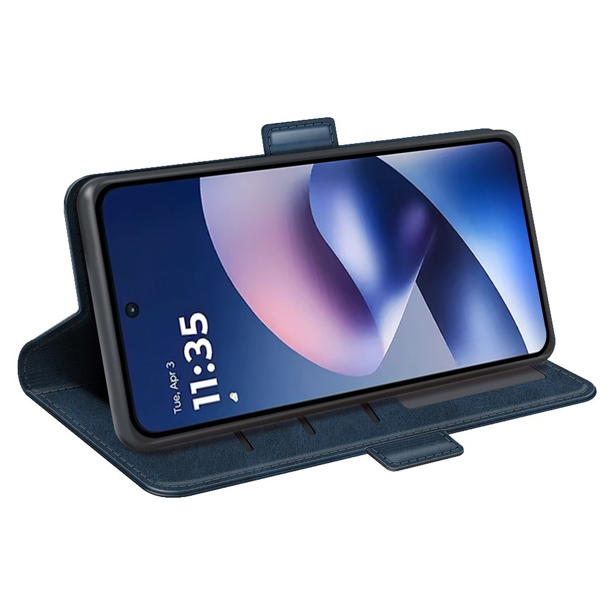 Een smartphone in een donkerblauwe lederen portefeuillehoes toont het scherm met tijd 11:35 tegen een witte achtergrond.