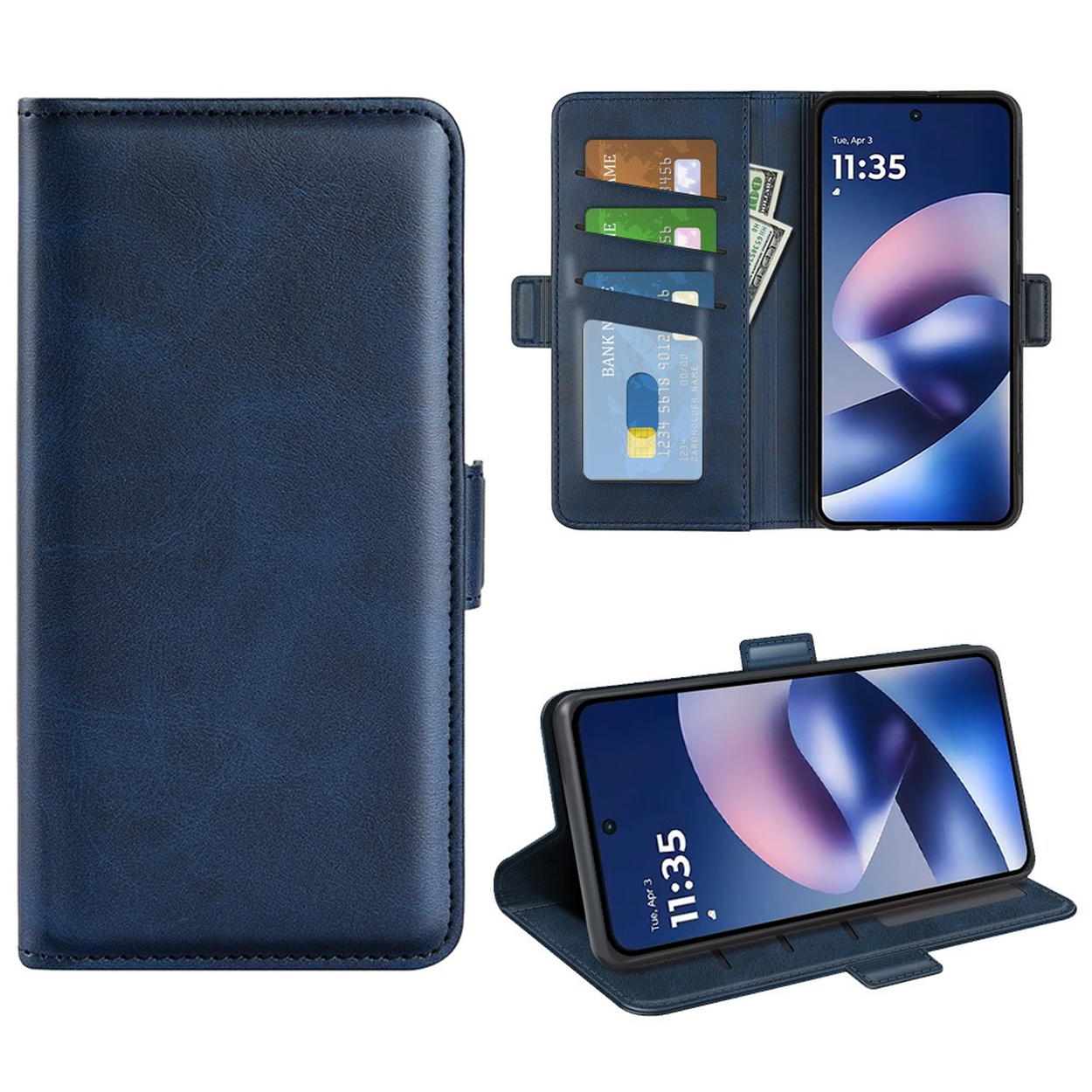 Drie weergaven van een blauwe lederen telefoonhoes met kaartsleuven, een geldvak en een smartphone.