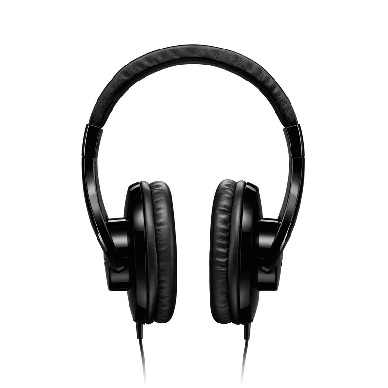 Casque supra-auriculaire noir avec arceau rembourré et câbles sur fond blanc.