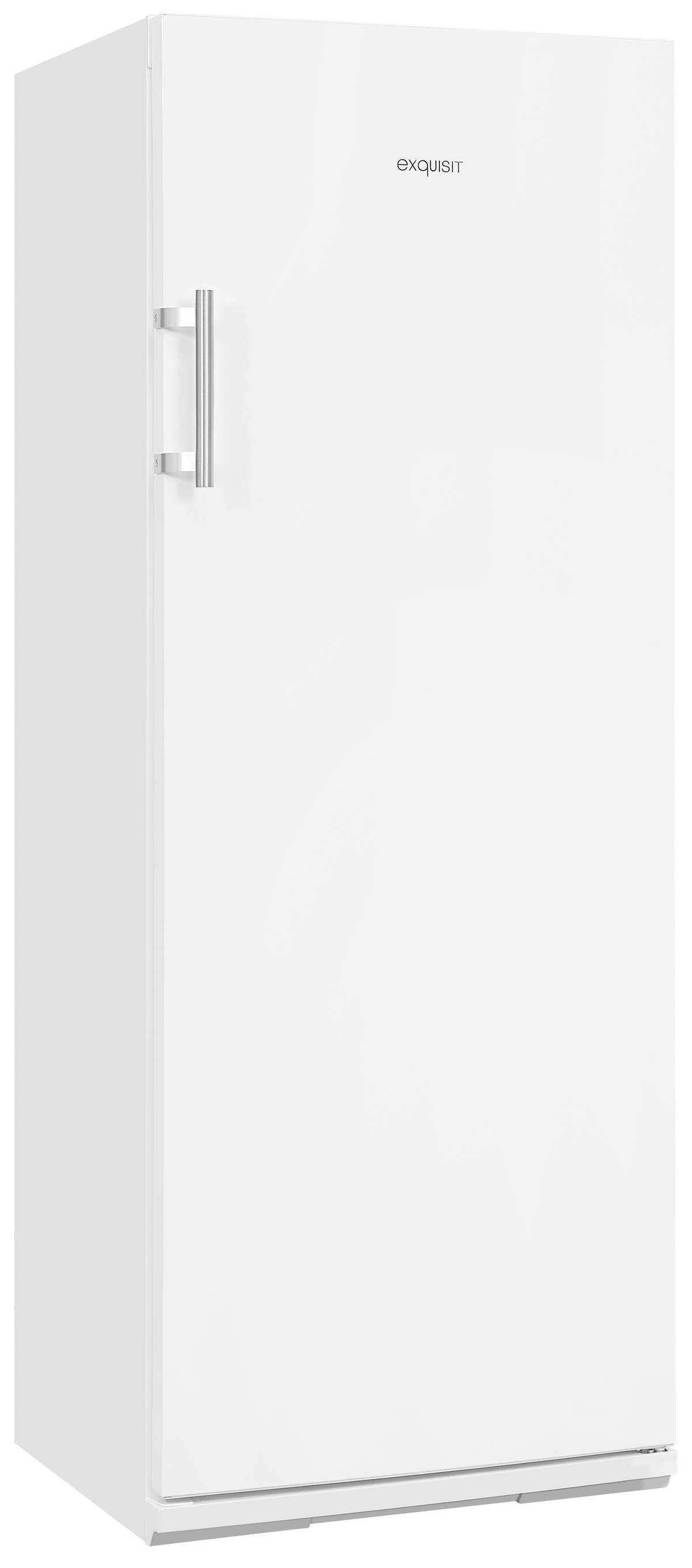 Ein weißer Exquisit-Kühlschrank mit einem silbernen Metallgriff steht auf einem weißen Hintergrund.