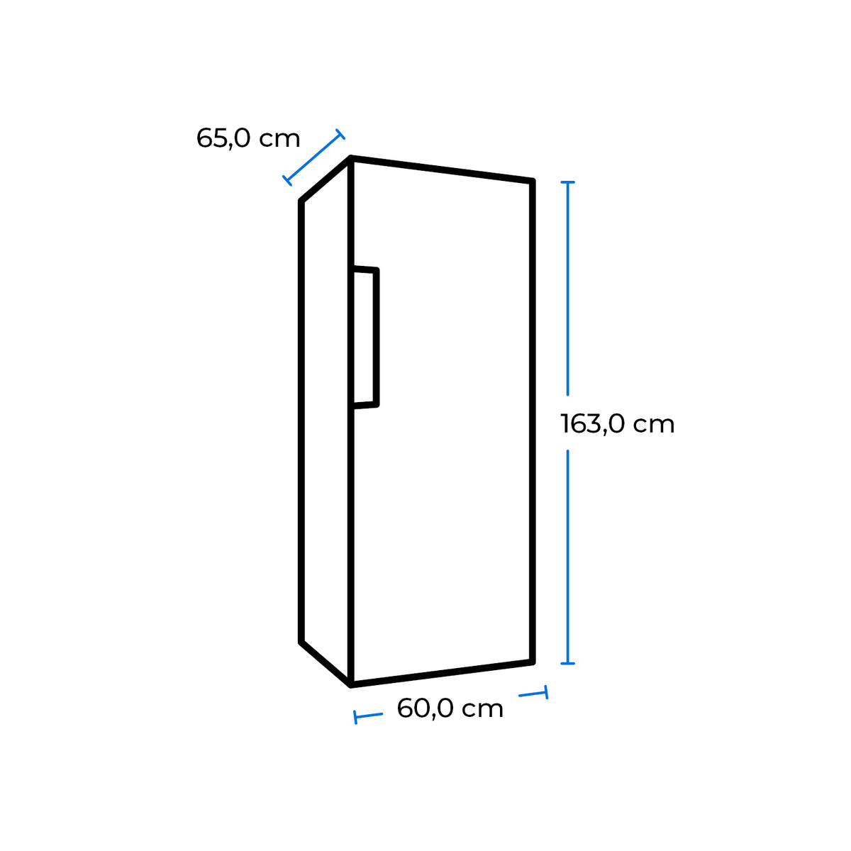 Technische Zeichnung eines Kühlschranks mit den Maßen 163x60x65 cm.