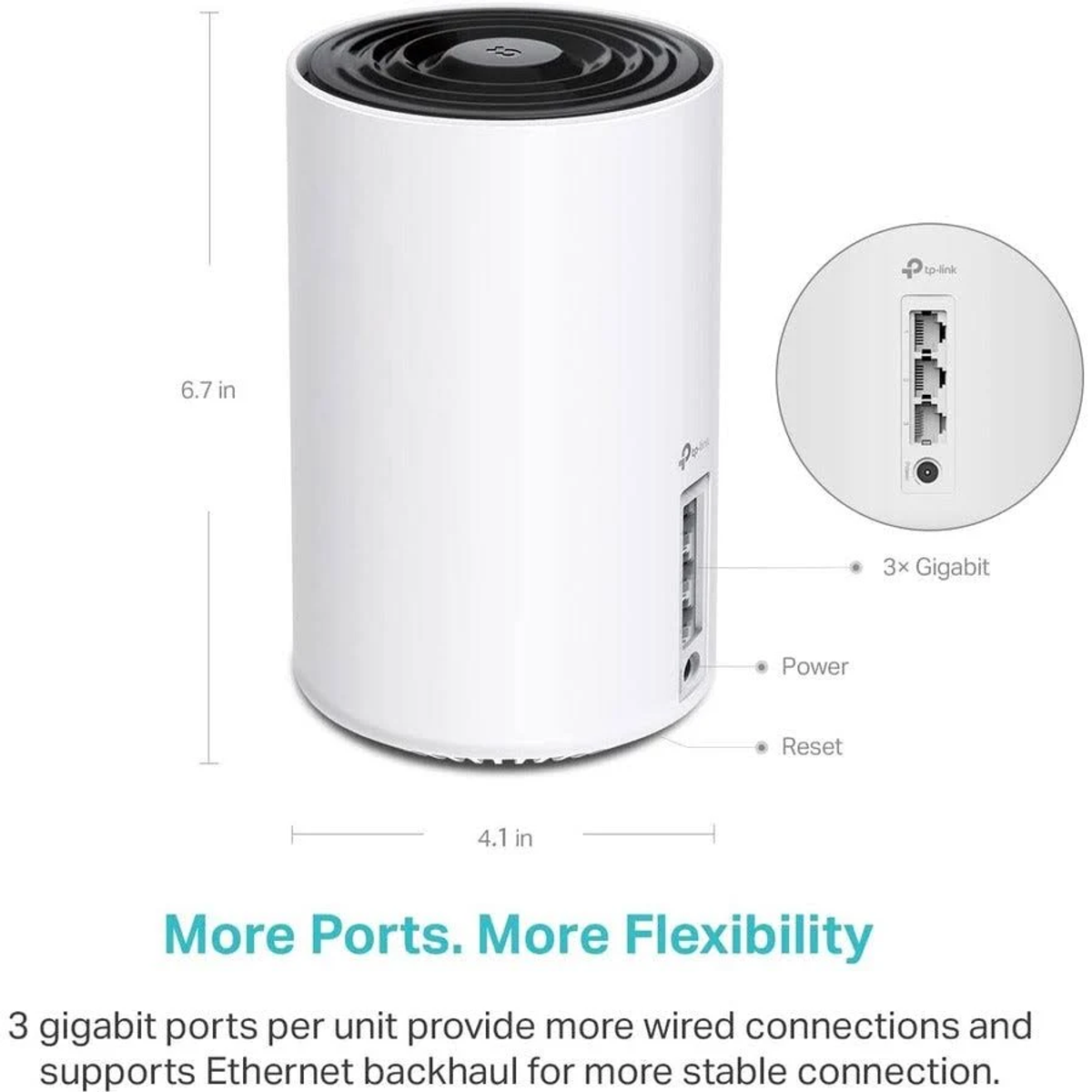 Ein weißer, zylindrischer TP-Link Router mit Maßen, Anschlüssen und dem Text Mehr Anschlüsse. Mehr Flexibilität.