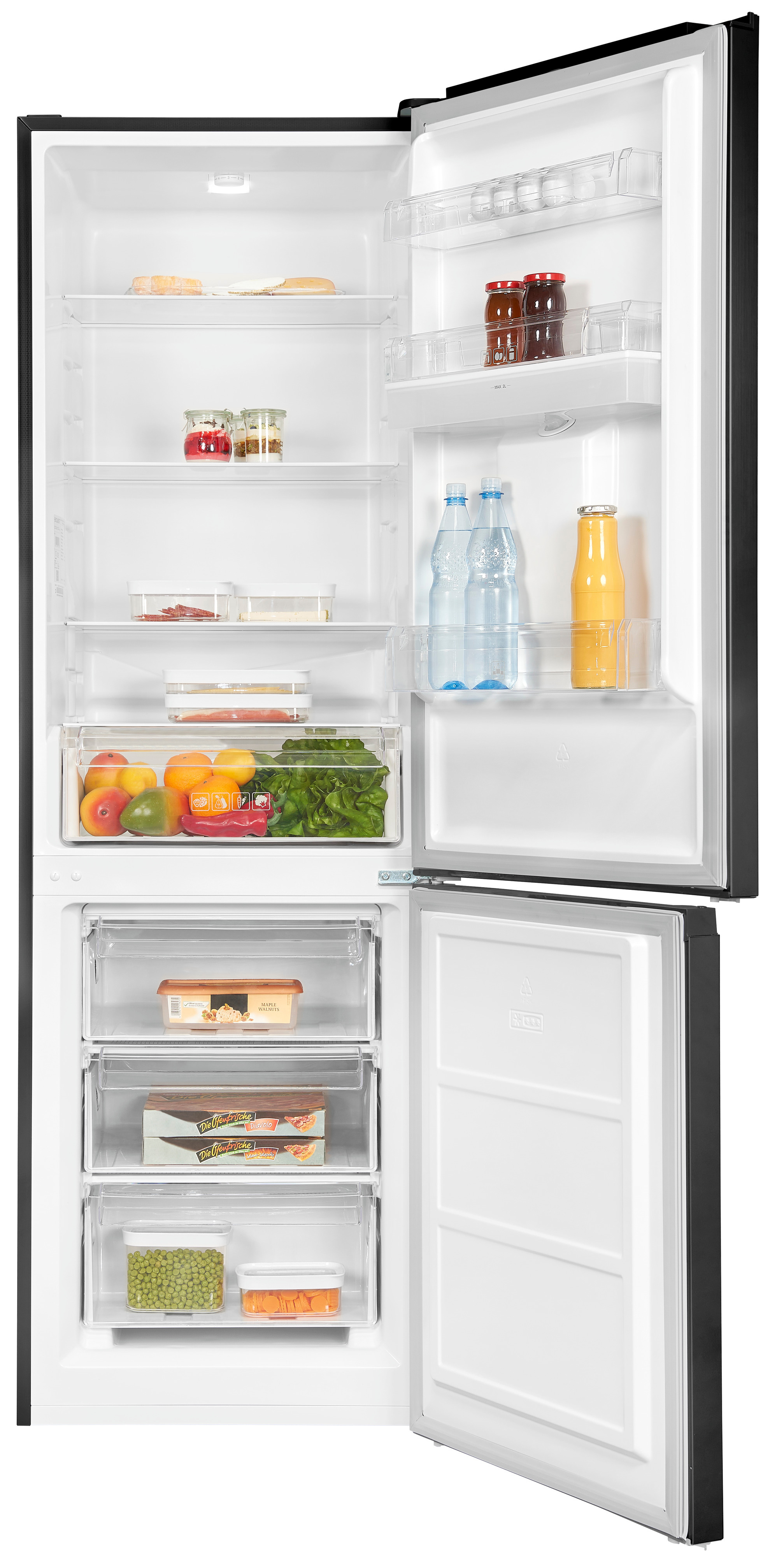 Ein offener schwarzer Kühlschrank gefüllt mit Obst, Gemüse, Getränken und verpackten Lebensmitteln.