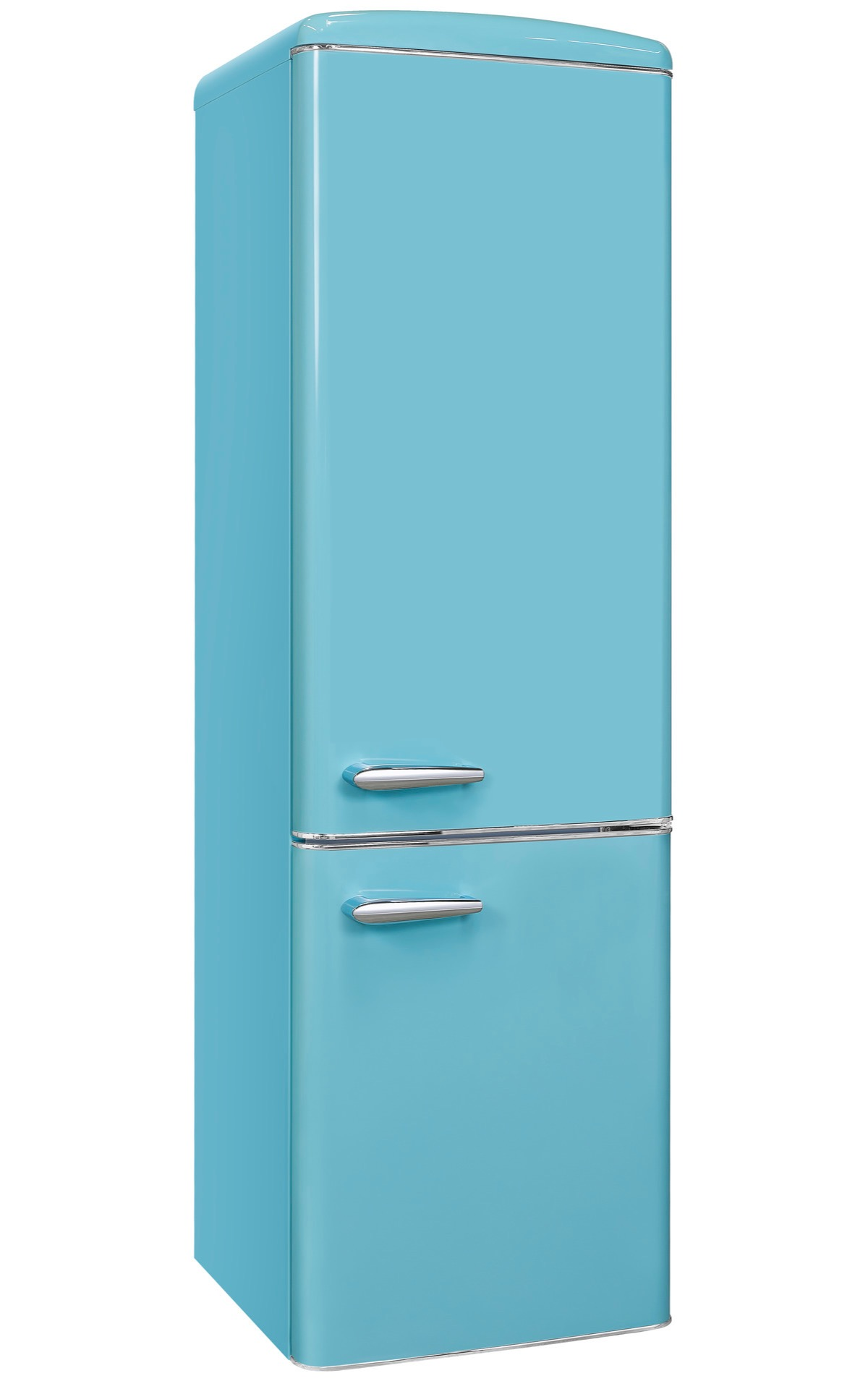 Ein türkisfarbener Kühlschrank im Retro-Stil mit zwei Türen und Chromgriffen auf weißem Hintergrund.