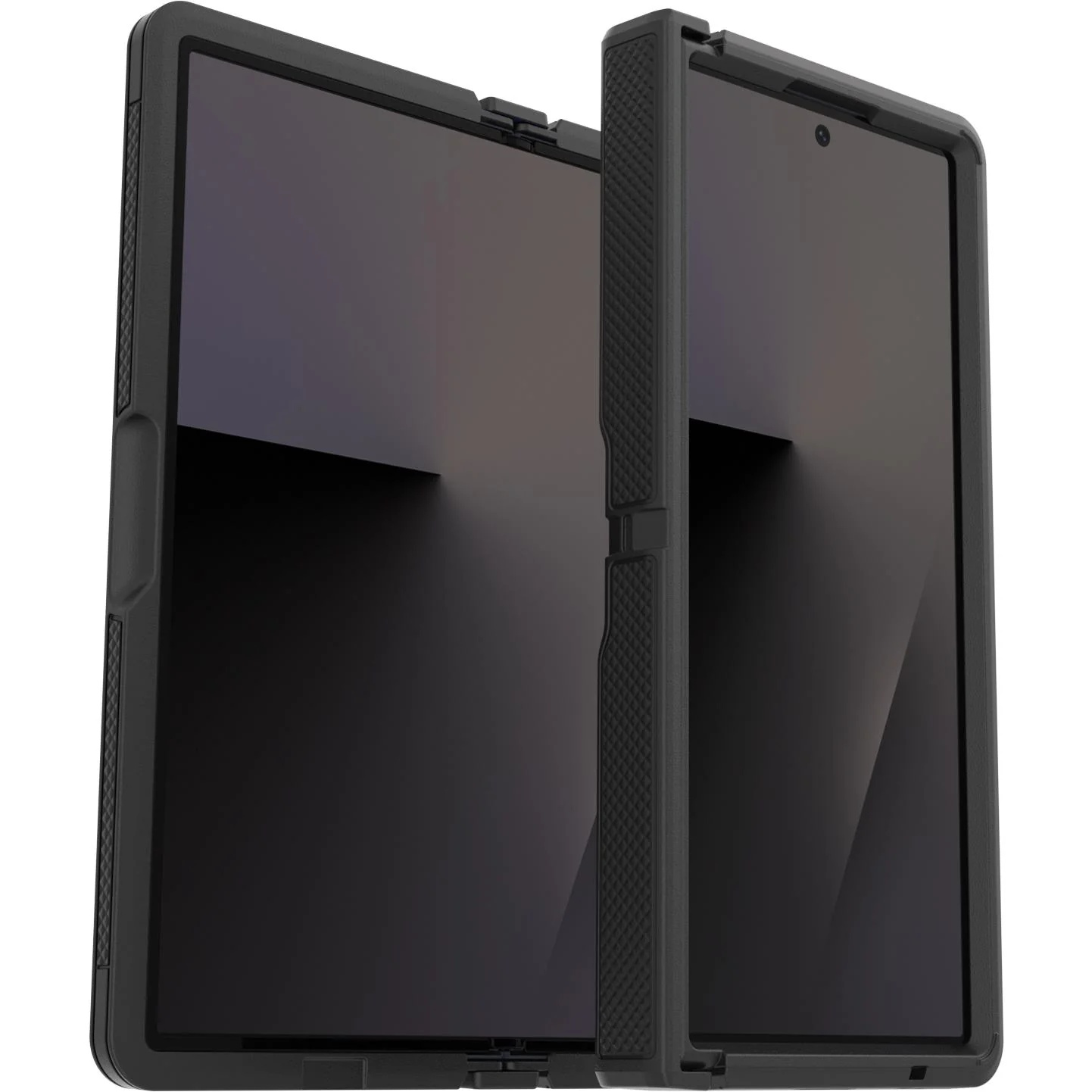Un smartphone pliable noir dans un étui de protection, ouvert sur fond blanc.