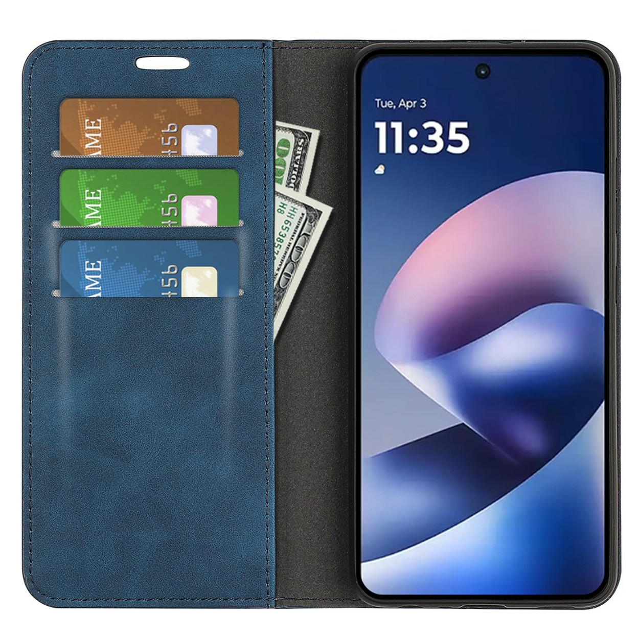 Een blauwe portemonnee-telefoonhoes toont pasjes, contant geld en een smartphone met het scherm aan.