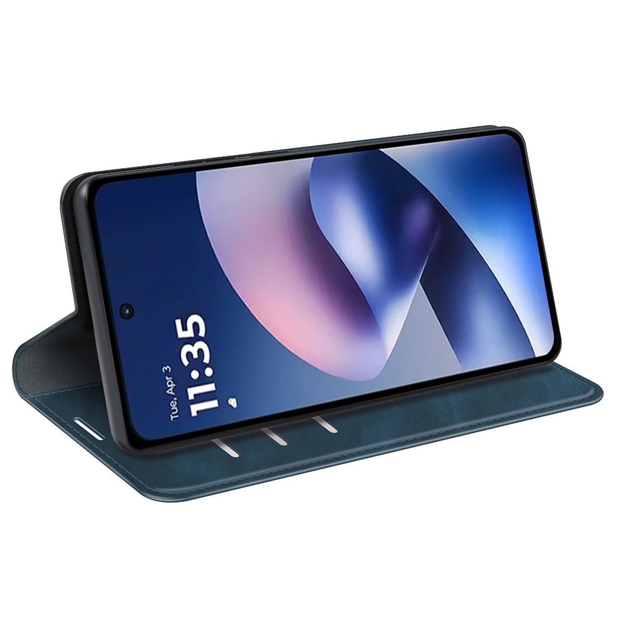 Een blauwe lederen portemonneehoes met smartphone met abstracte achtergrond.