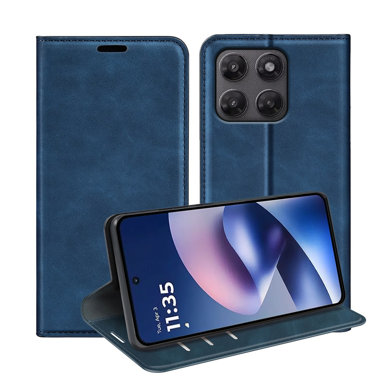 Donkerblauwe leren hoesje voor smartphone met vierkante camera en scherm.