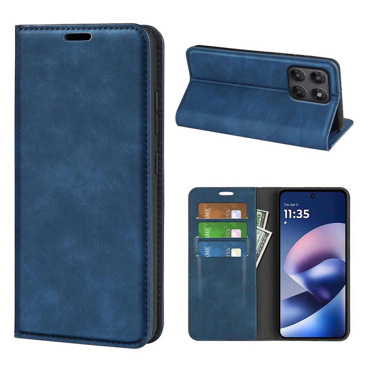 Drie weergaven van een blauwe lederen telefoonhoes met kaartsleuven en standfunctie op een witte achtergrond.