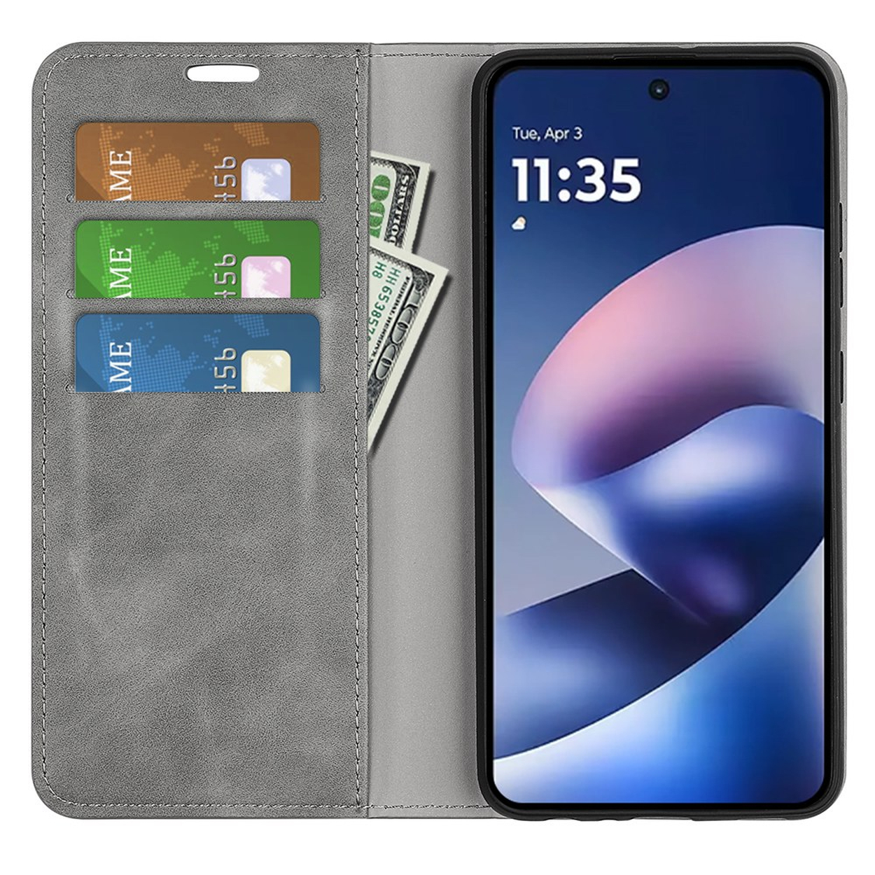 Grijs leren portefeuille telefoonhoesje met drie pasjes, contant geld en een smartphone.