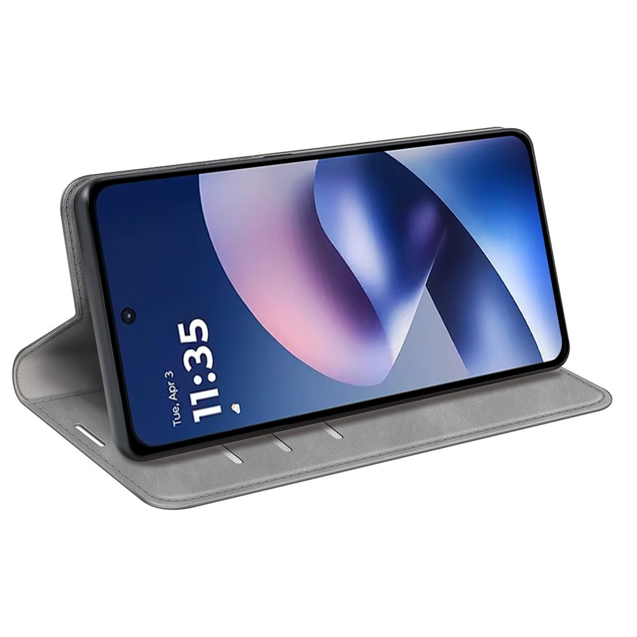 Een smartphone met blauw scherm staat horizontaal in een grijze hoes tegen een witte achtergrond.