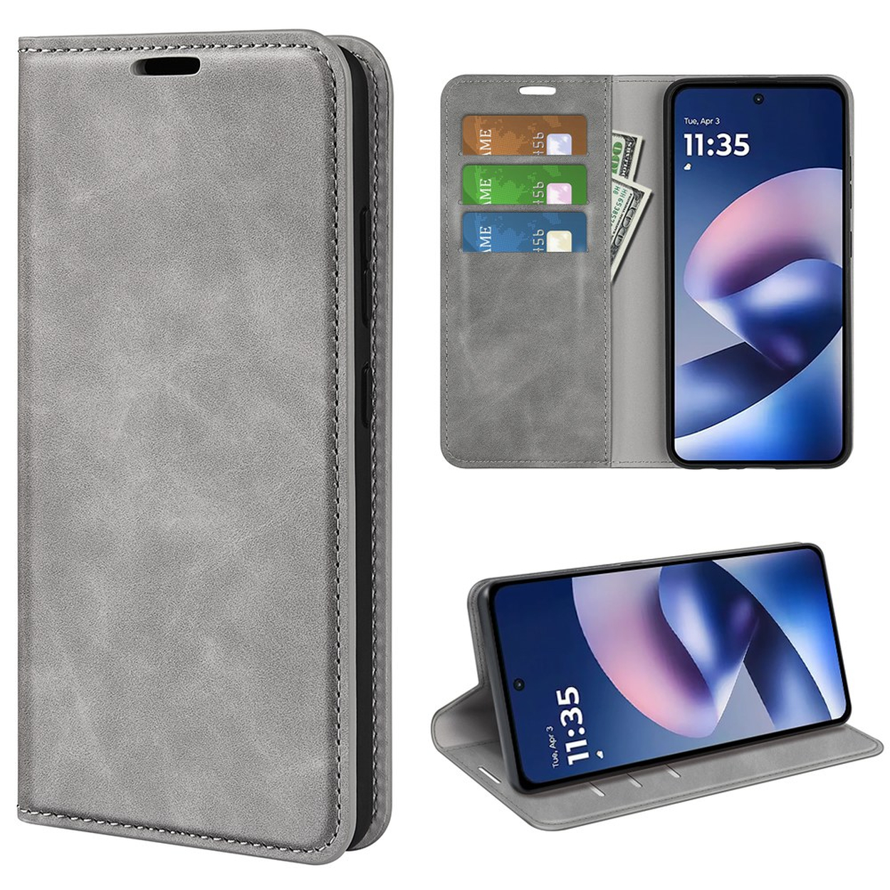 Grijze lederen telefoonhoes met kaartvakken en standfunctie.