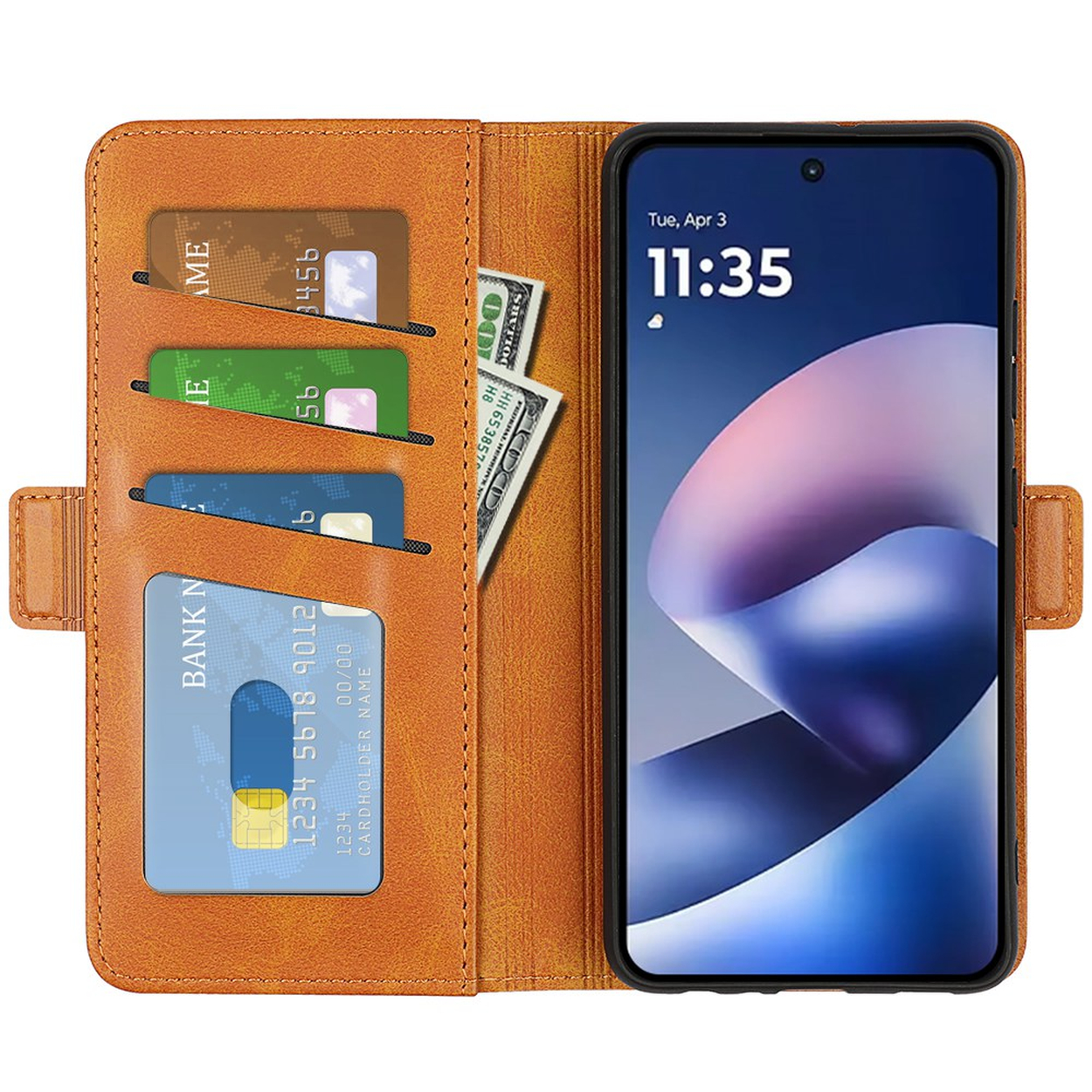 Bruine lederen portemonneehoes met vier kaartvakken, bankbiljetten en smartphone met blauw scherm.