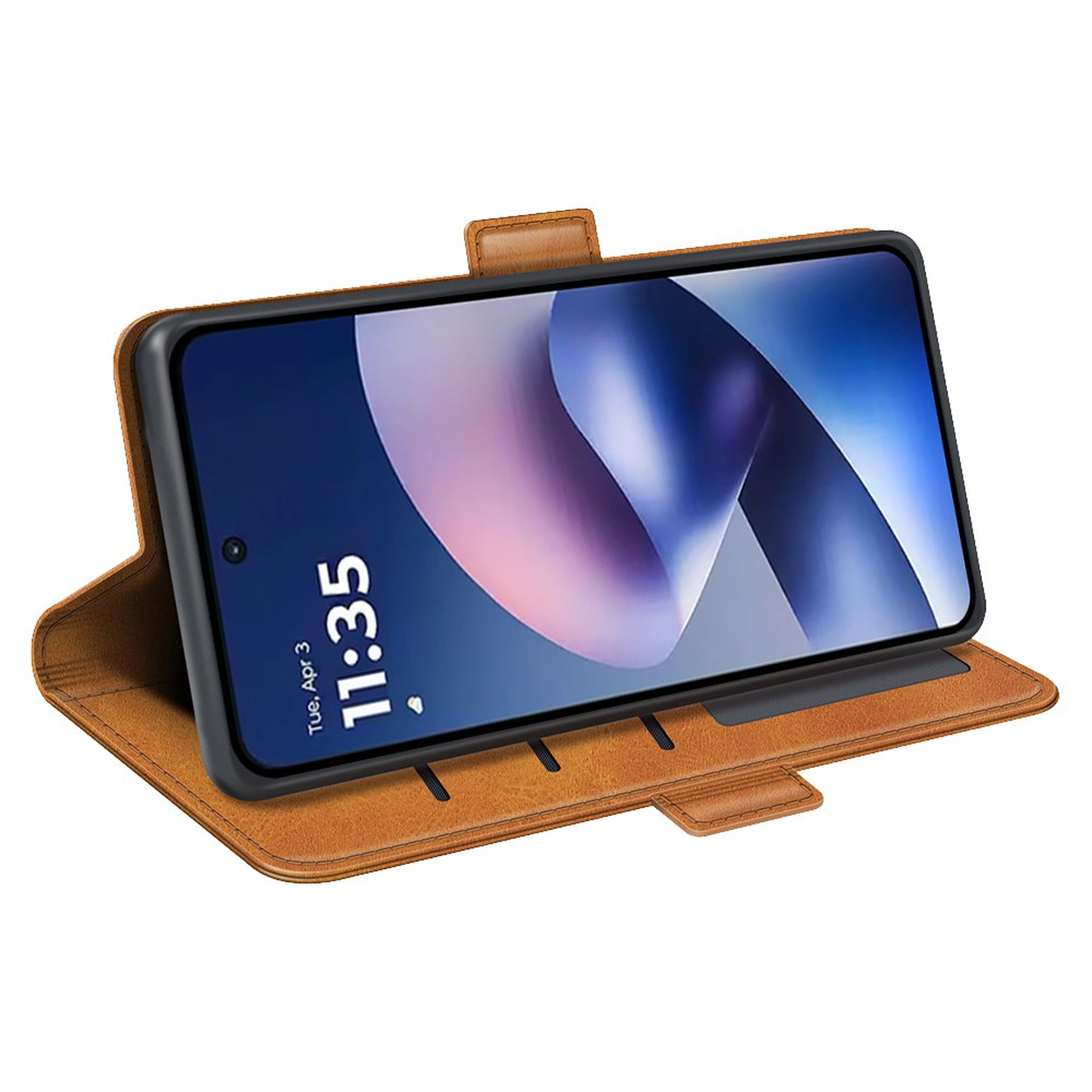 Een smartphone met blauw scherm zit in een bruine lederen hoes.