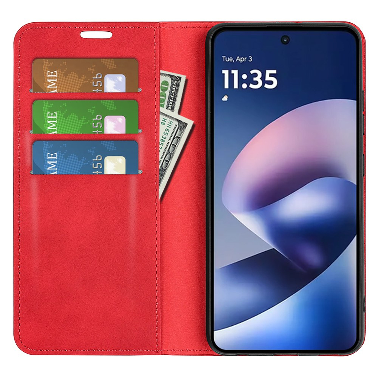 Een rode lederen portefeuille hoesje voor een smartphone met vakjes voor pasjes en contant geld.